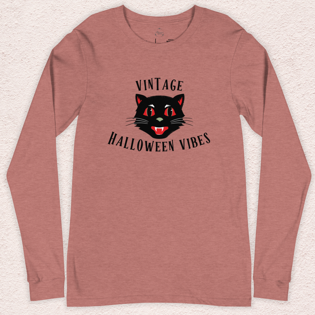 Vintage Halloween Vibes Long Sleeve Tee | Bella+Canvas Unisex Retro Cat Shirt