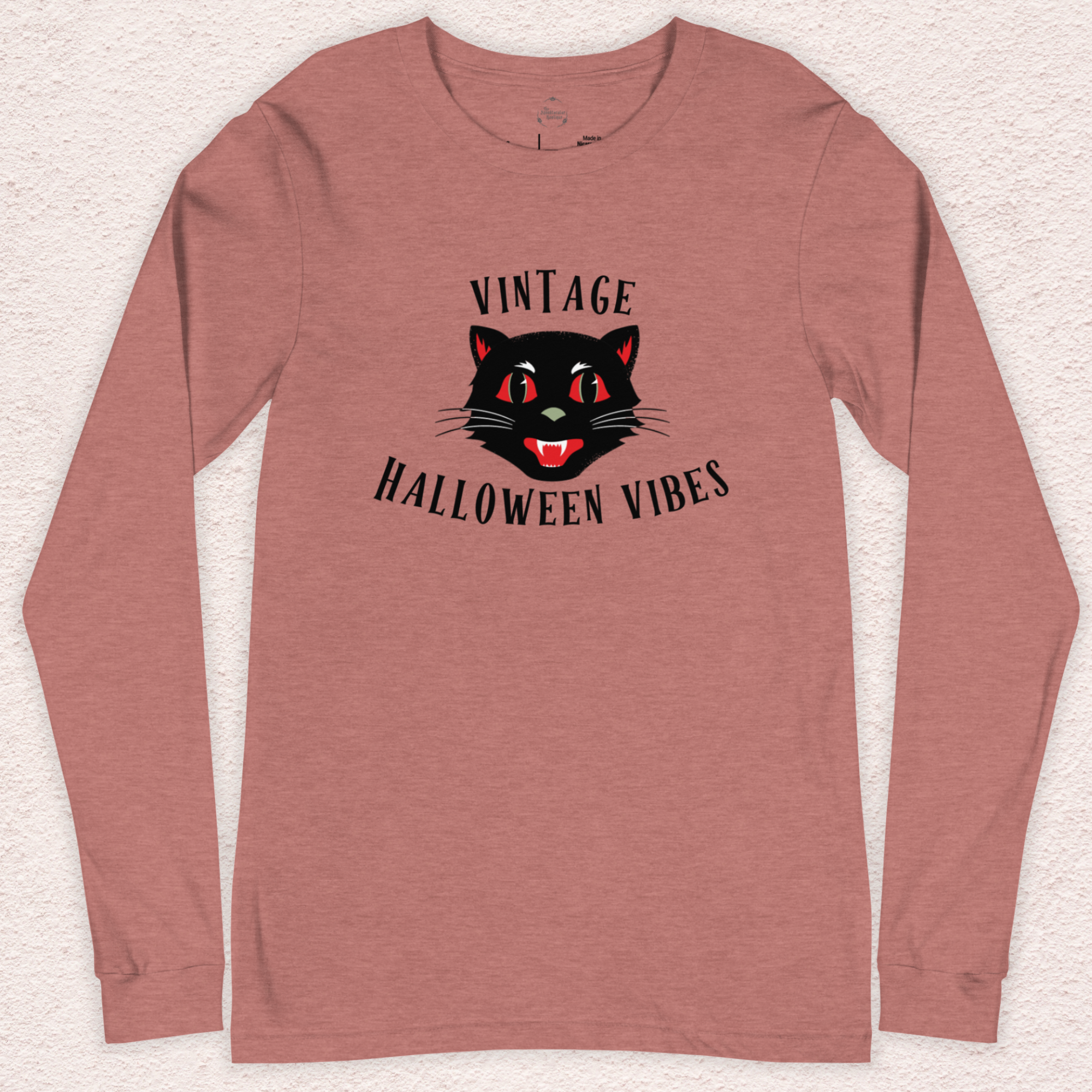 Vintage Halloween Vibes Long Sleeve Tee | Bella+Canvas Unisex Retro Cat Shirt