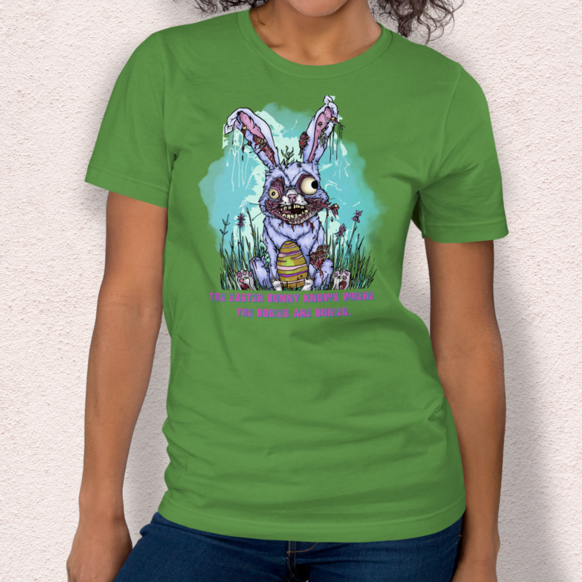 The Easter Bunny Knows Where the Bodies Are Buried T-Shirt | Zombie Easter Bunny Horror Tee | Funny Dark Humor Easter Shirt | Bella+Canvas Unisex