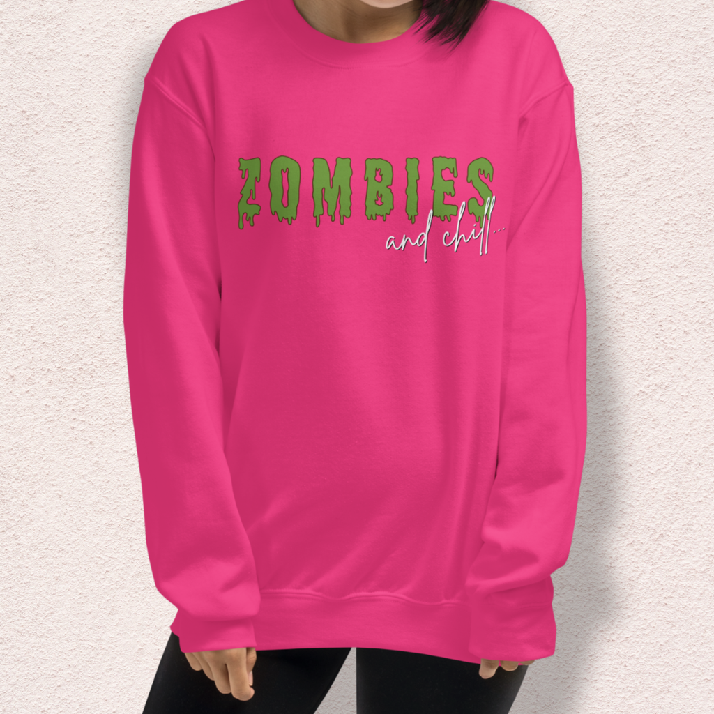 Zombies & Chill Sweatshirt | Horror Movie Crewneck | Gildan Heavy Blend Spooky Zombie Sweatshirt