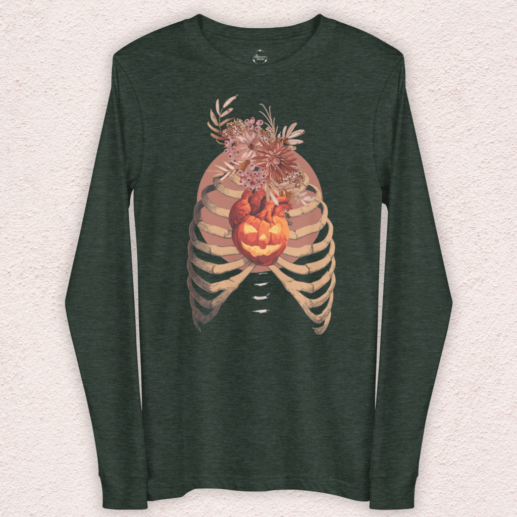 A Fall’s Heart Tee | Skeleton Pumpkin Halloween Shirt | Bella+Canvas Spooky Autumn Graphic Long Sleeve Tee
