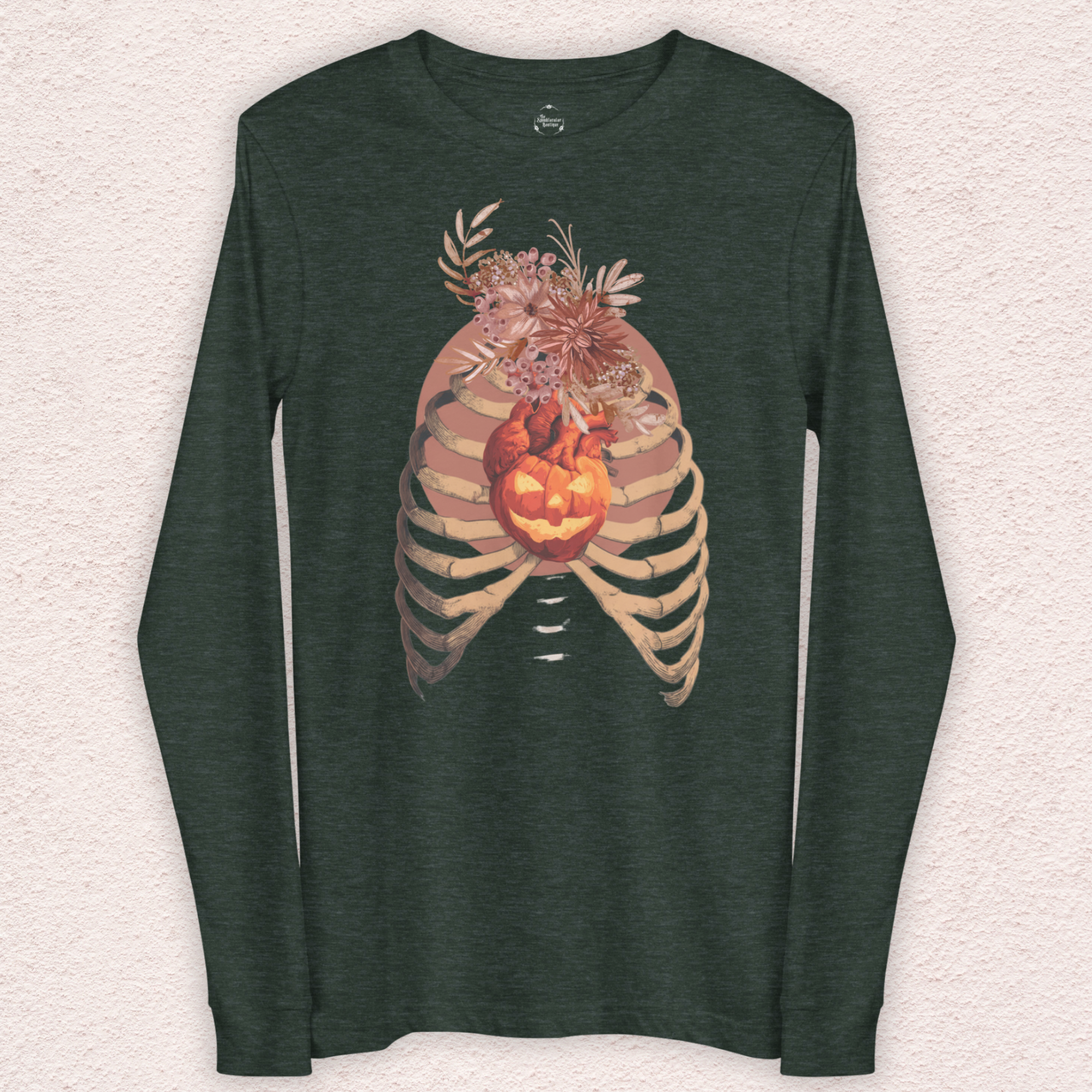 A Fall’s Heart Tee | Skeleton Pumpkin Halloween Shirt | Bella+Canvas Spooky Autumn Graphic Long Sleeve Tee