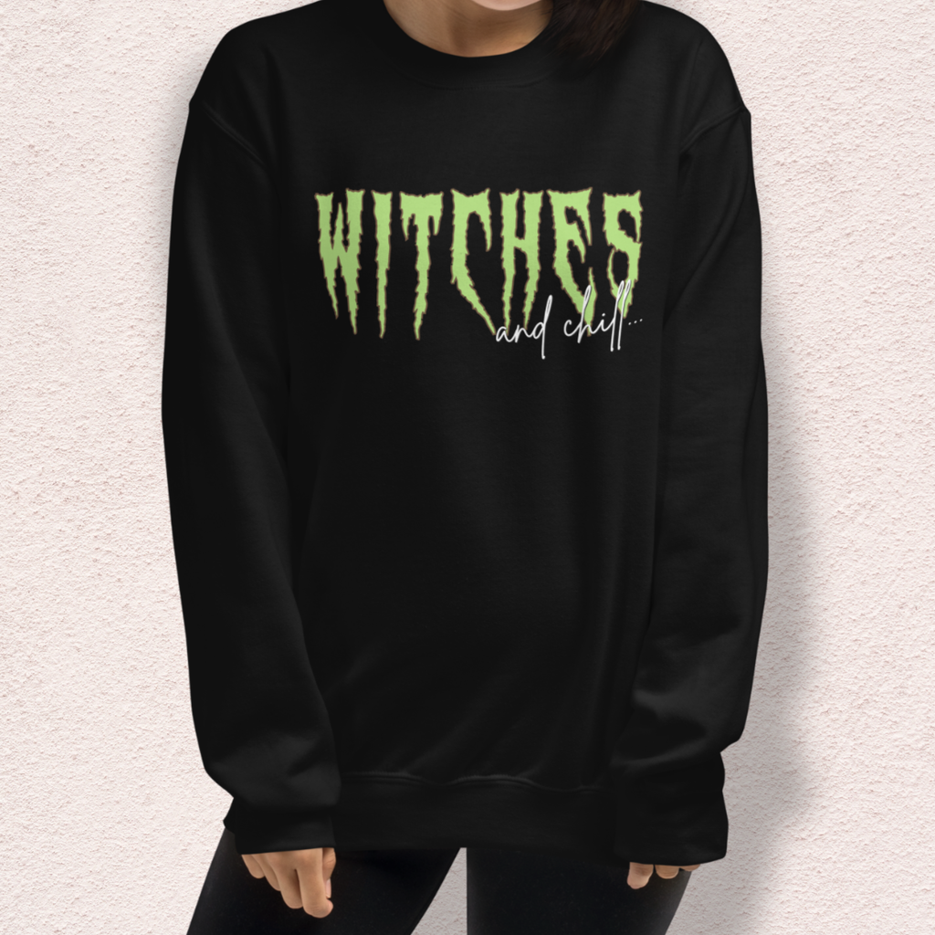 Witches & Chill Sweatshirt | Spooky Witch Aesthetic Crewneck | Gildan Heavy Blend Halloween Sweatshirt
