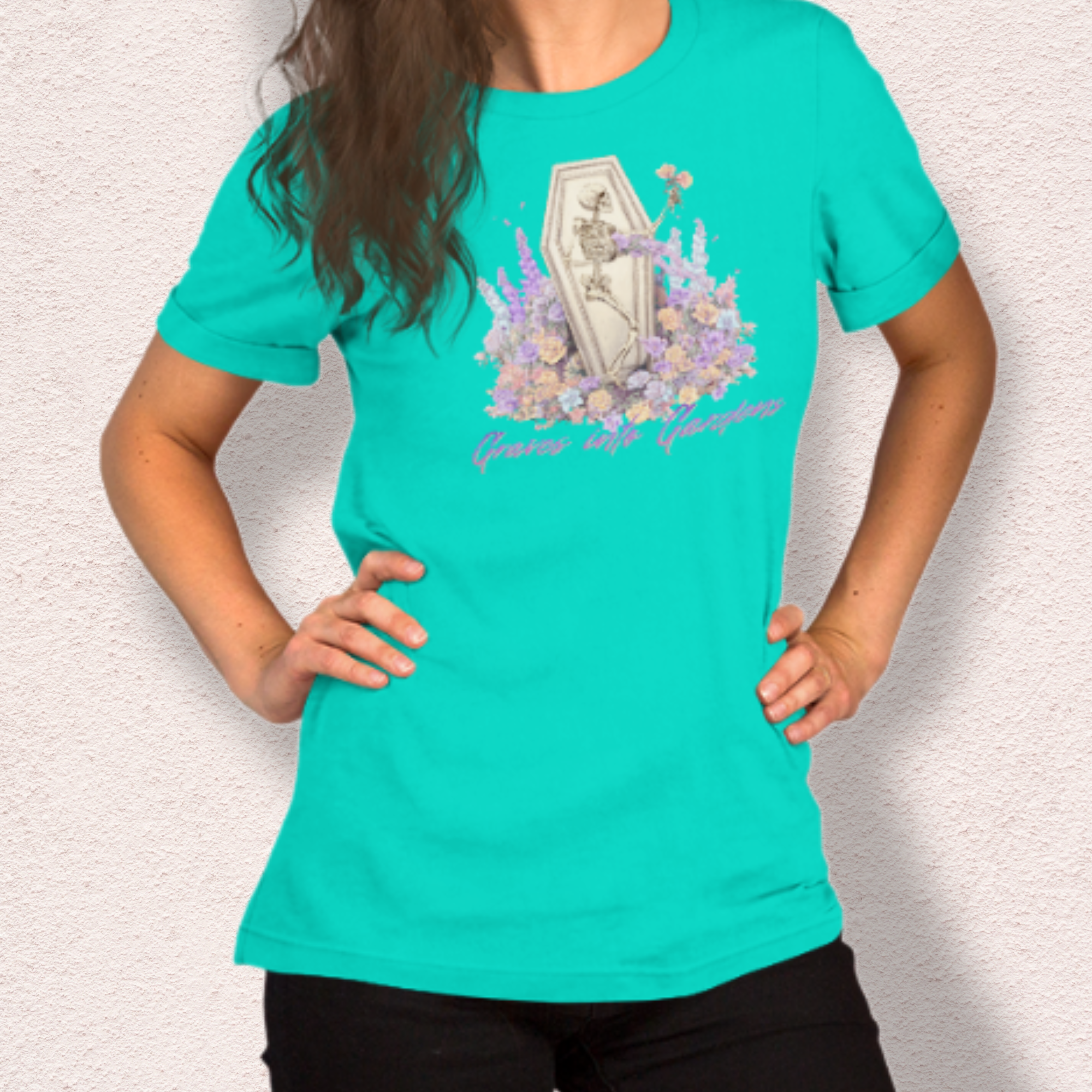 Graves Into Gardens Skeleton Easter Tee | Gothic Faith Spring Shirt | Pastel Floral Resurrection Graphic | Spooky Christian Bella Canvas T-Shirt