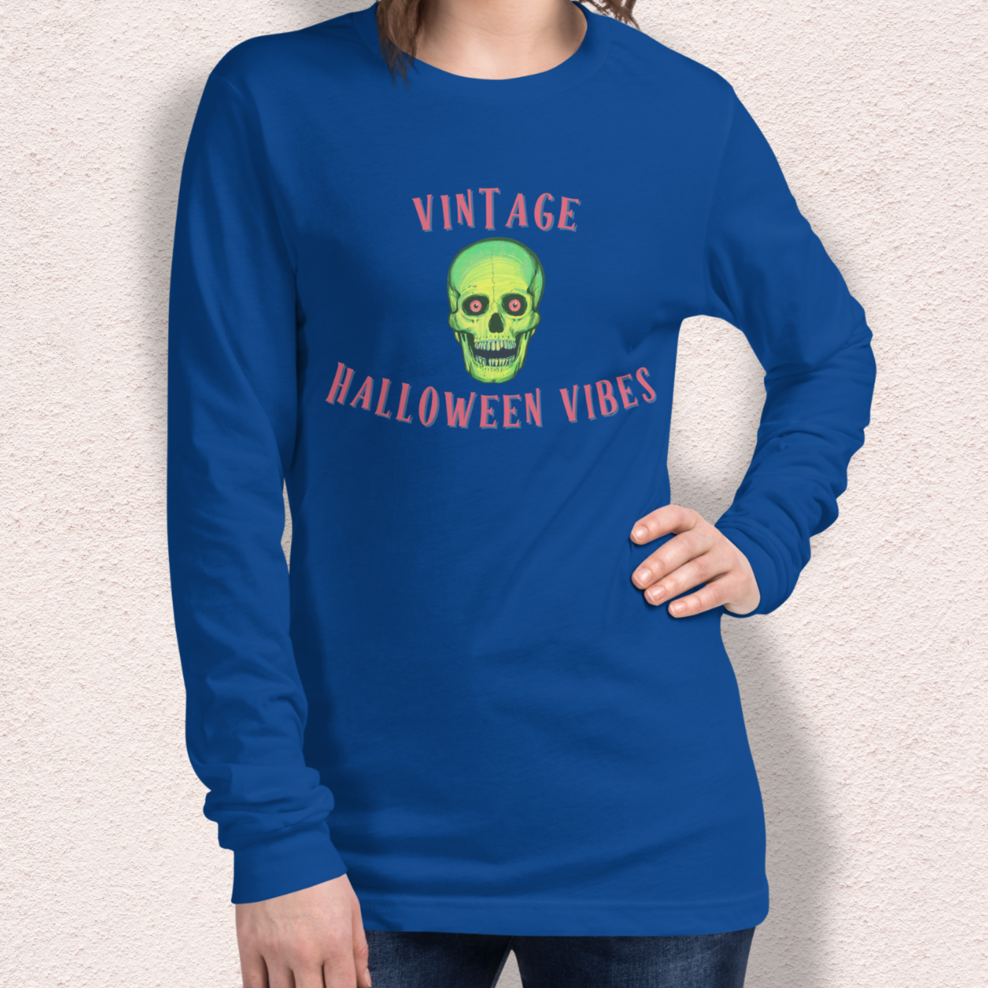Vintage Halloween Vibes Long Sleeve Tee | Bella+Canvas Unisex Retro Green Skull Shirt | Colorful Graphic