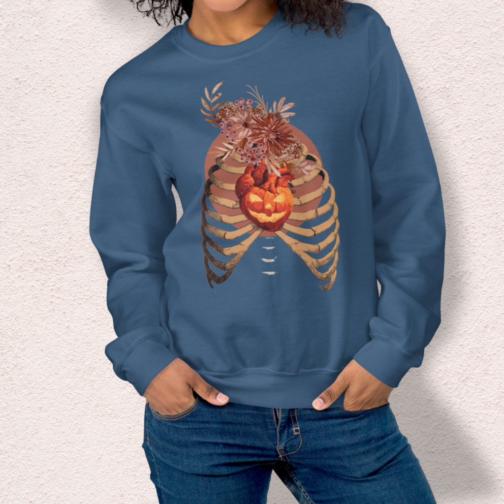 A Fall’s Heart Sweatshirt | Skeleton Pumpkin Autumn Graphic | Gildan Spooky Fall Crewneck