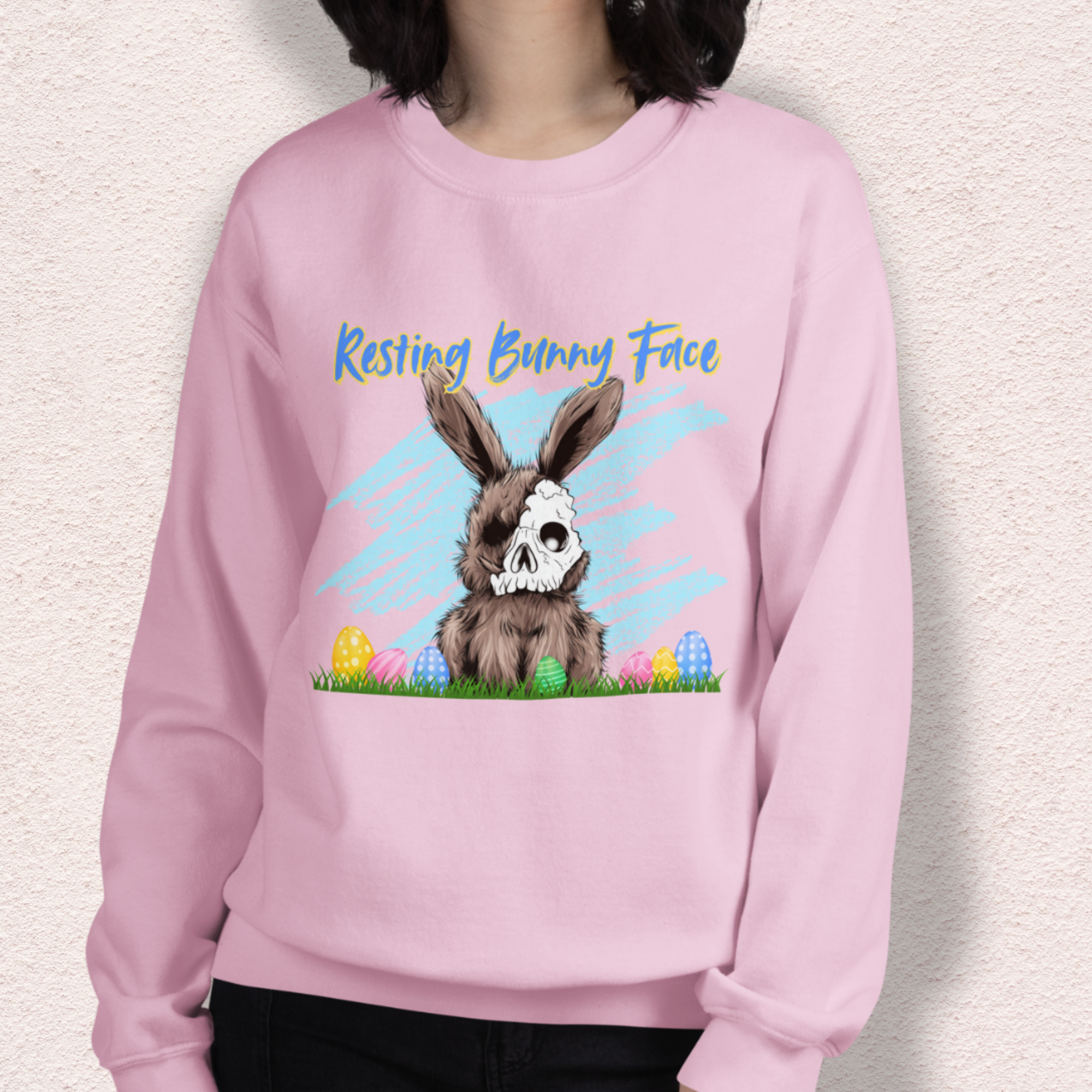 Resting Bunny Face Sweatshirt | Creepy Easter Bunny Skull Crewneck | Funny Spooky Easter Sweatshirt | Dark Humor Bunny Graphic
