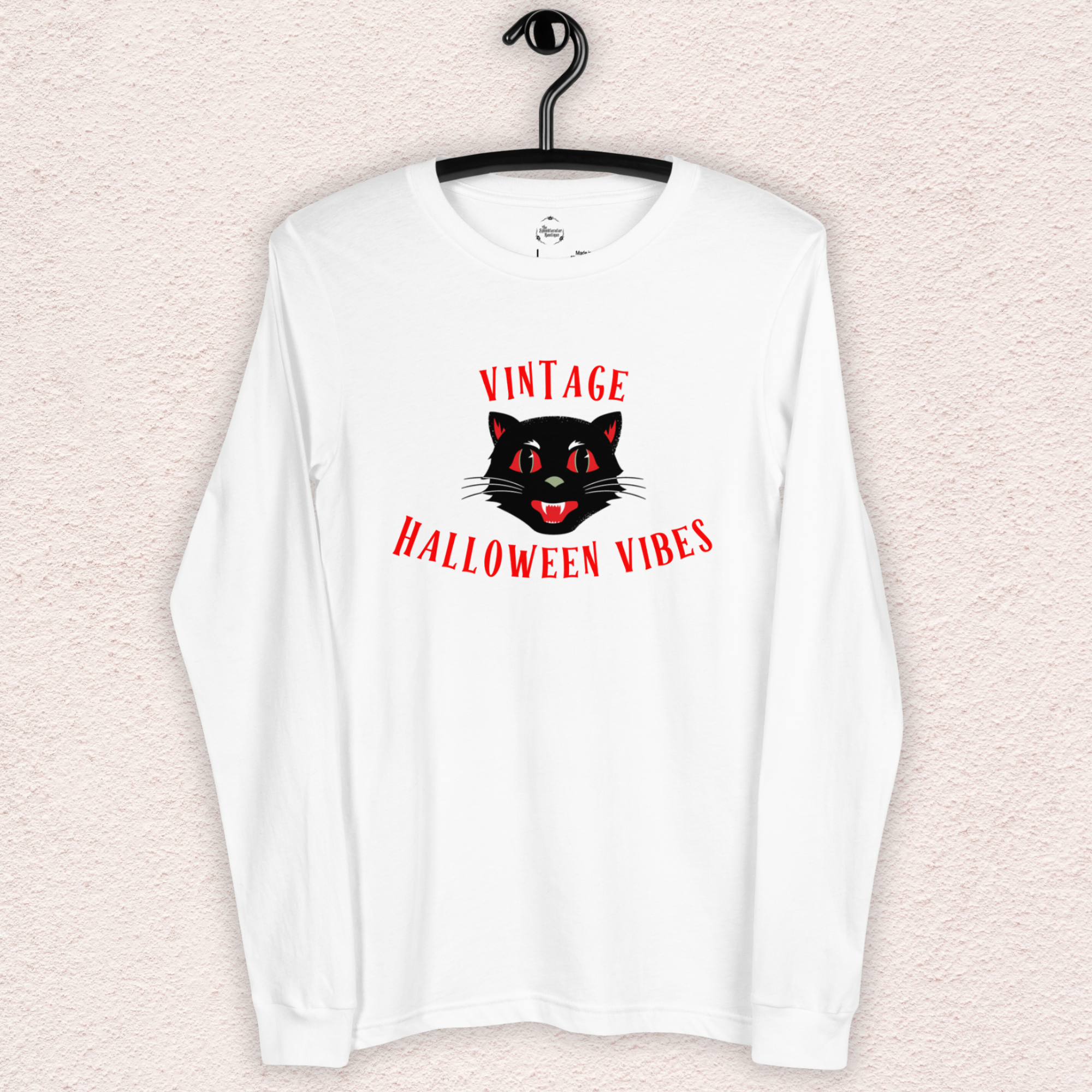 Vintage Halloween Vibes Long Sleeve Tee | Bella+Canvas Unisex Retro Halloween Cat Shirt | Colorful. Graphic