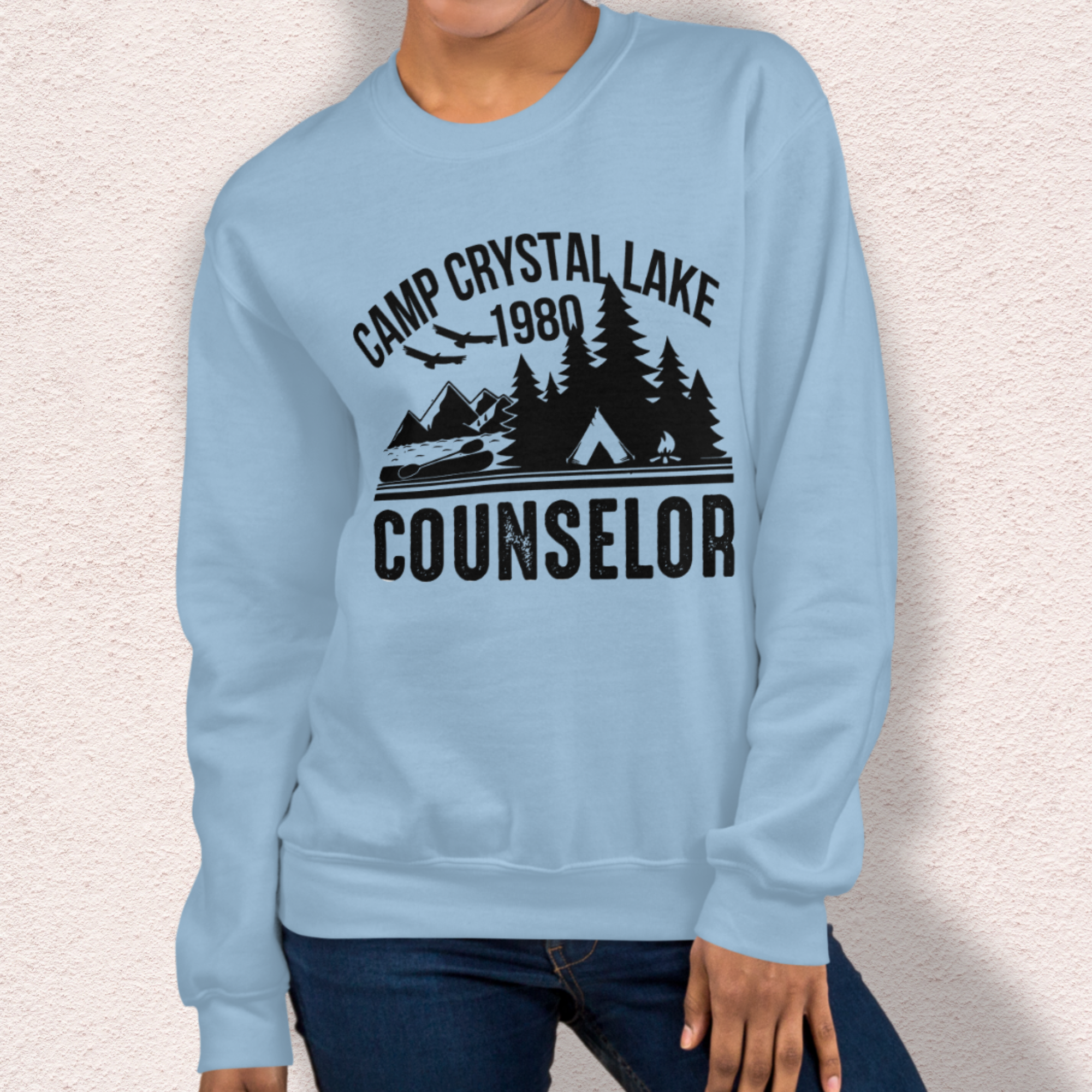 Camp Slasher Counselor Sweatshirt | Gildan Unisex Horror Crewneck (Black Ink)