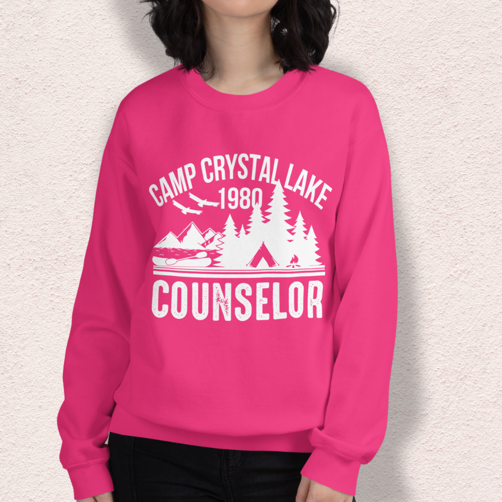 Camp Slasher Counselor Sweatshirt | Gildan Unisex Horror Crewneck (White Ink)