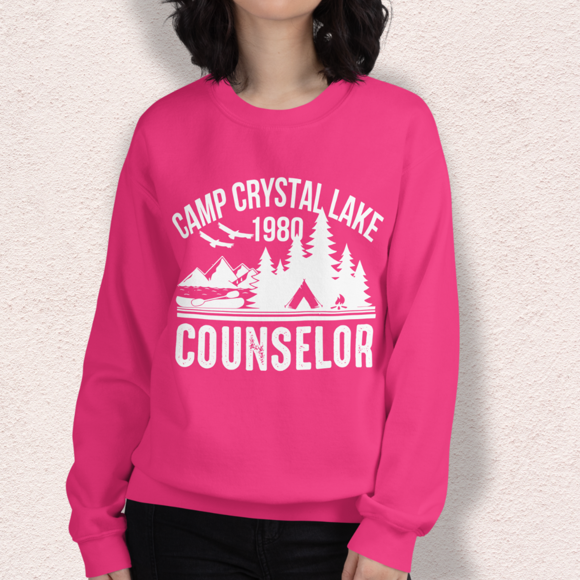 Camp Slasher Counselor Sweatshirt | Gildan Unisex Horror Crewneck (White Ink)