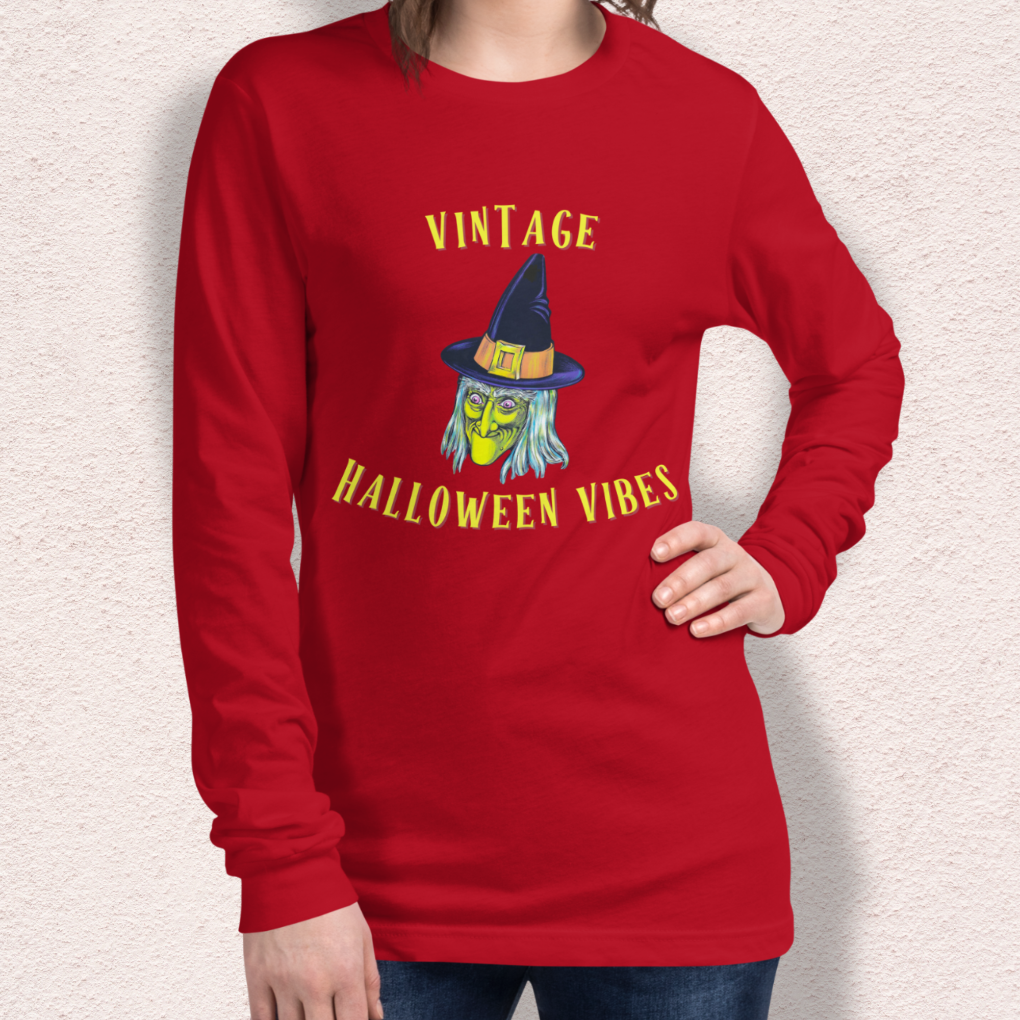 Vintage Halloween Vibes Long Sleeve Tee | Bella+Canvas Unisex Retro Witch Shirt | Color Graphic