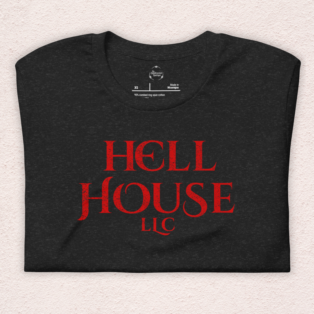 Hell House LLC Tee | Haunted Attraction Horror Shirt | Bella+Canvas Unisex Graphic Tee (Large Red Graphic 1)