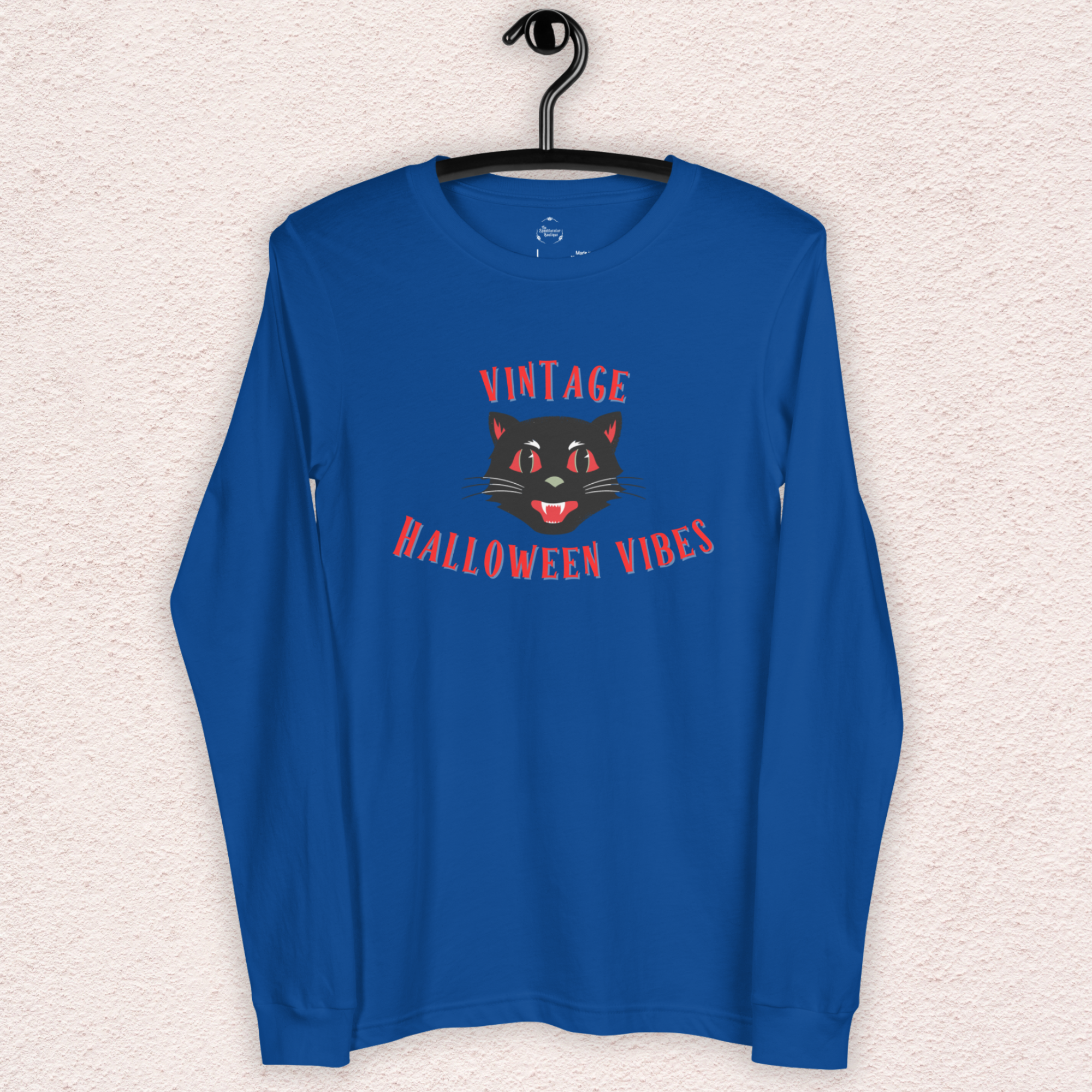 Vintage Halloween Vibes Long Sleeve Tee | Bella+Canvas Unisex Retro Halloween Cat Shirt | Colorful. Graphic