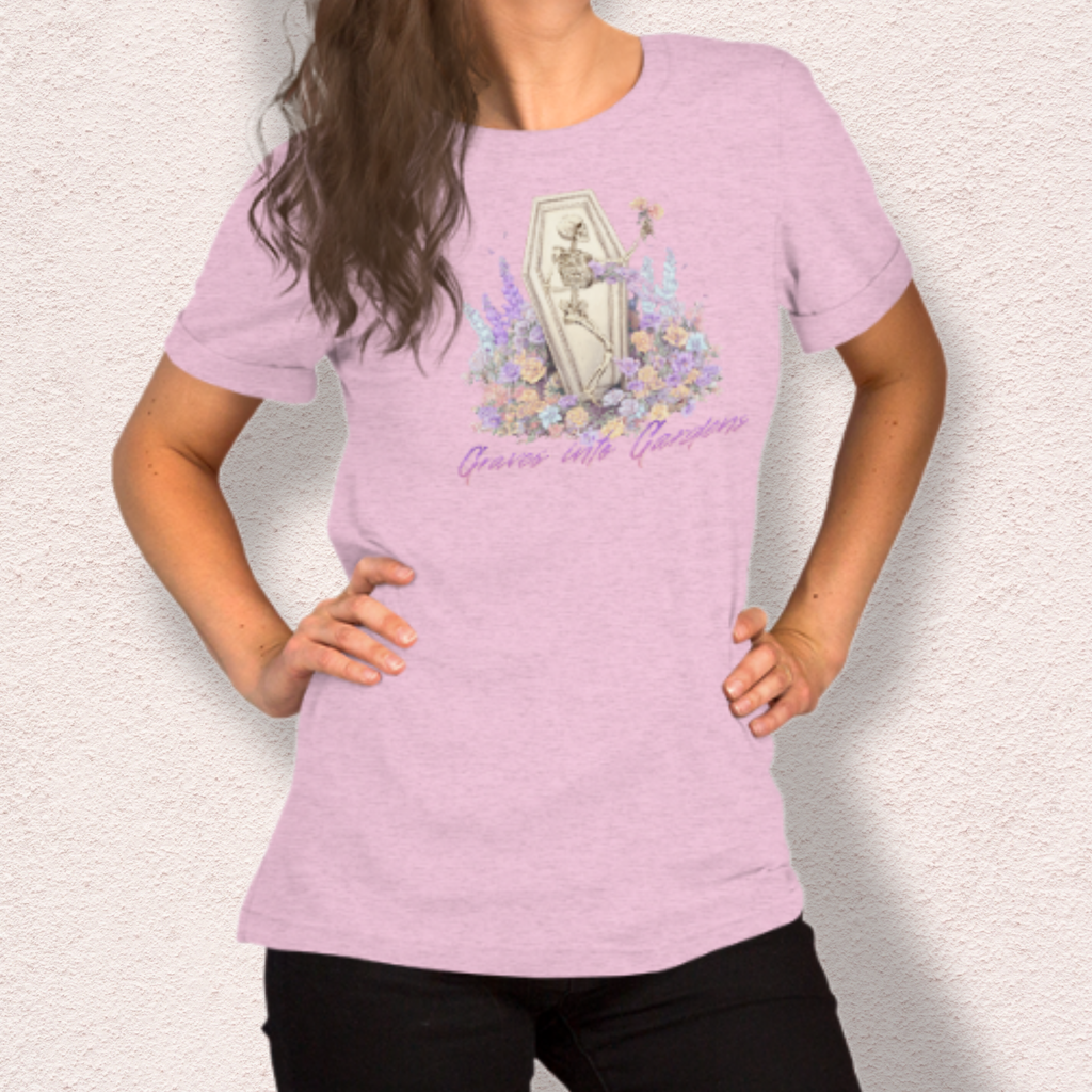 Graves Into Gardens Skeleton Easter Tee | Gothic Faith Spring Shirt | Pastel Floral Resurrection Graphic | Spooky Christian Bella Canvas T-Shirt