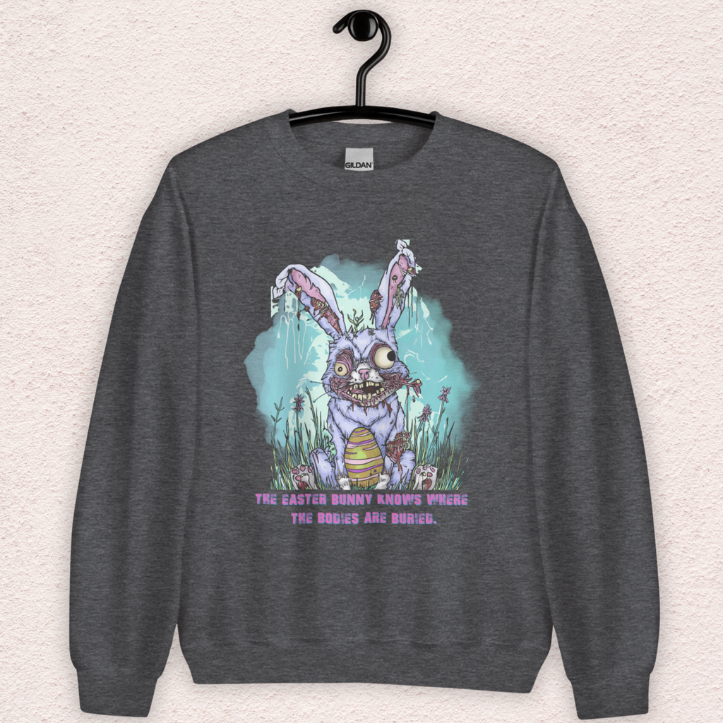 The Easter Bunny Knows Where the Bodies Are Buried Sweatshirt | Zombie Easter Bunny Horror Sweatshirt | Funny Dark Humor Easter | Gildan Crewneck