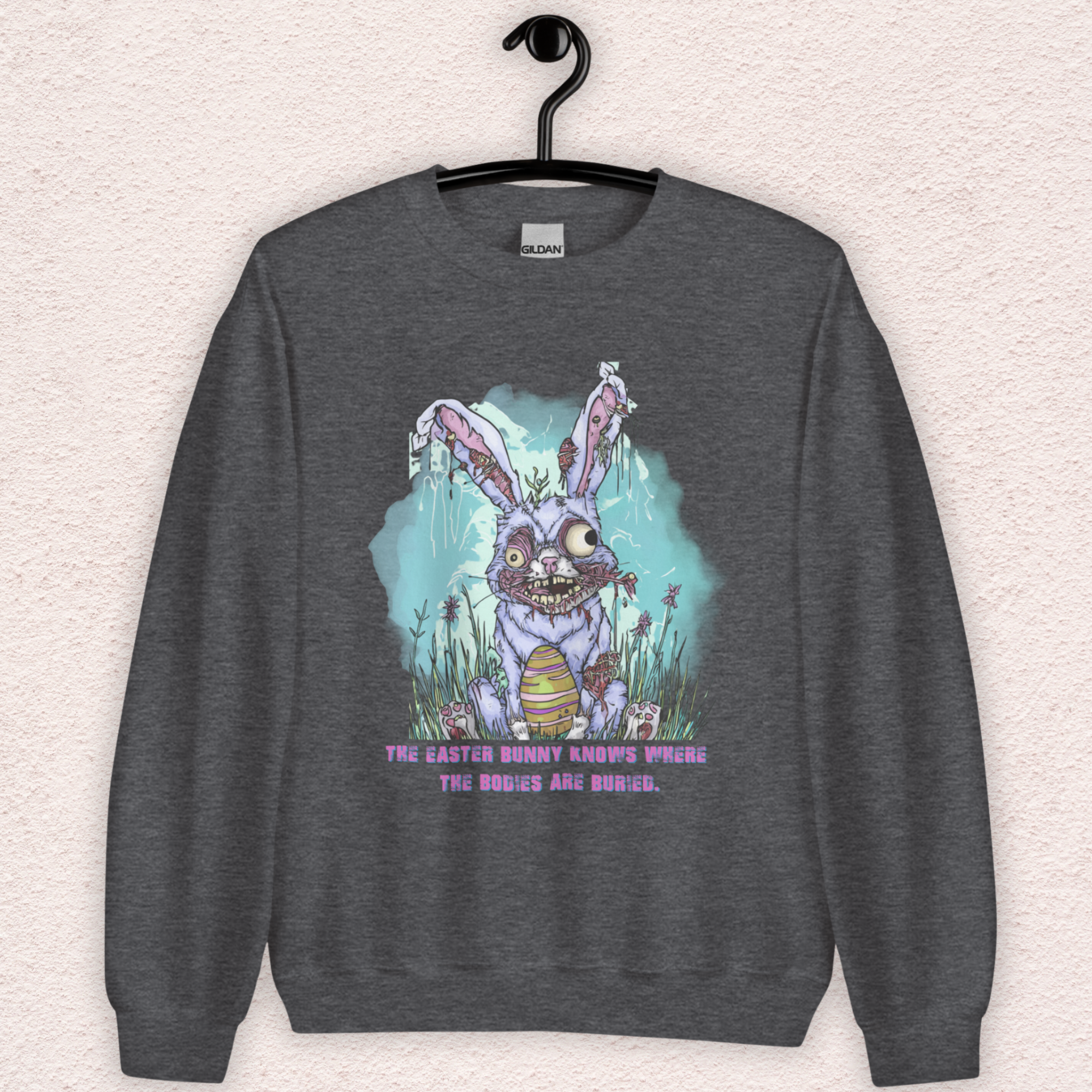 The Easter Bunny Knows Where the Bodies Are Buried Sweatshirt | Zombie Easter Bunny Horror Sweatshirt | Funny Dark Humor Easter | Gildan Crewneck