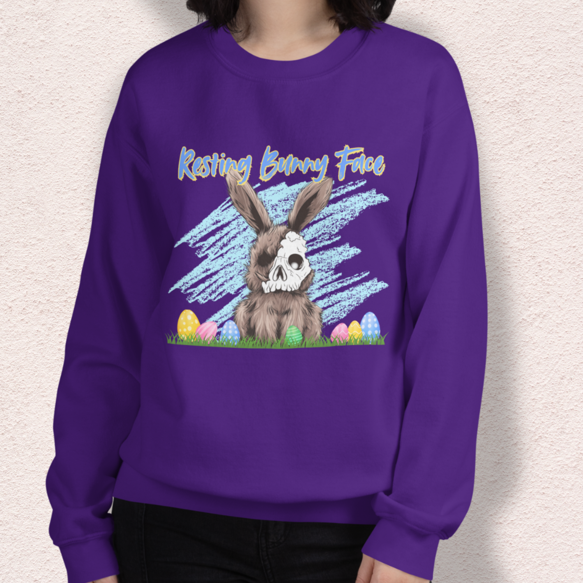 Resting Bunny Face Sweatshirt | Creepy Easter Bunny Skull Crewneck | Funny Spooky Easter Sweatshirt | Dark Humor Bunny Graphic