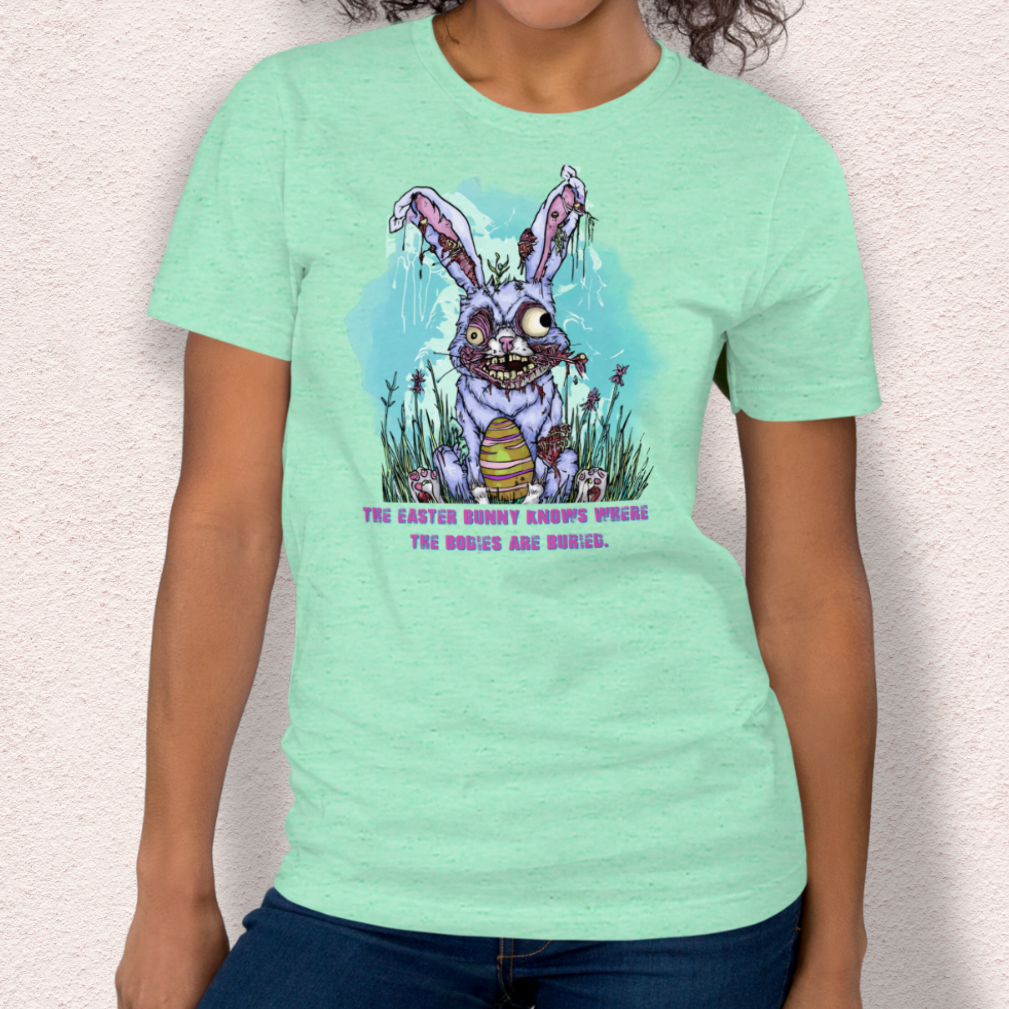 The Easter Bunny Knows Where the Bodies Are Buried T-Shirt | Zombie Easter Bunny Horror Tee | Funny Dark Humor Easter Shirt | Bella+Canvas Unisex