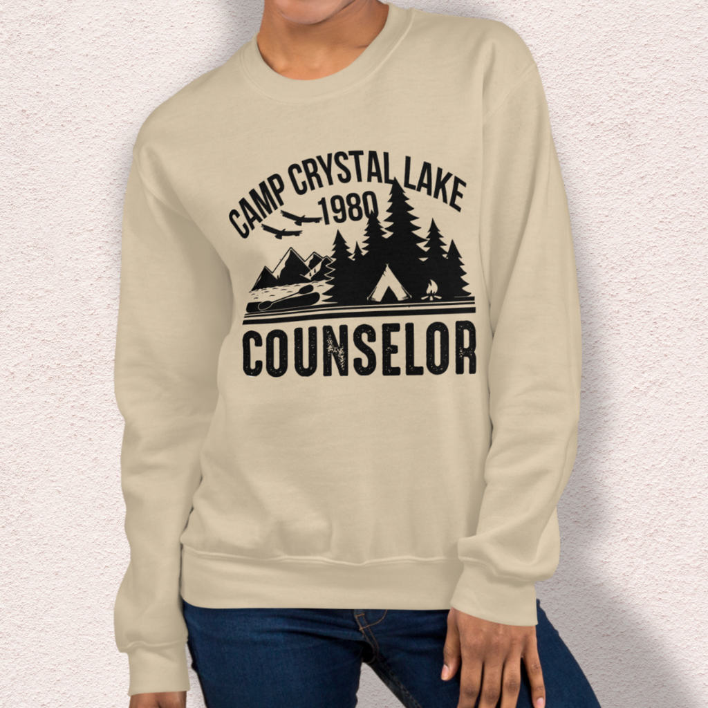 Camp Slasher Counselor Sweatshirt | Gildan Unisex Horror Crewneck (Black Ink)