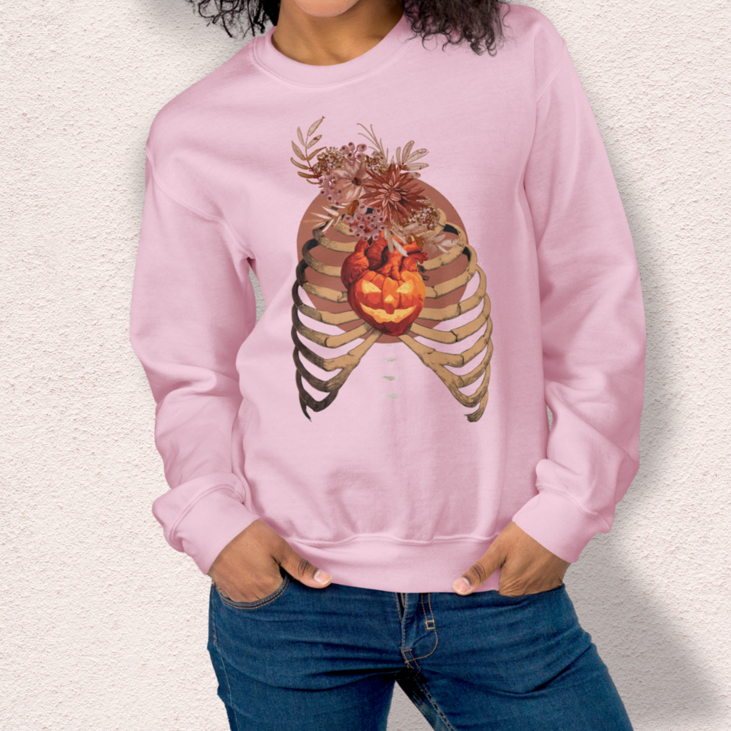 A Fall’s Heart Sweatshirt | Skeleton Pumpkin Autumn Graphic | Gildan Spooky Fall Crewneck