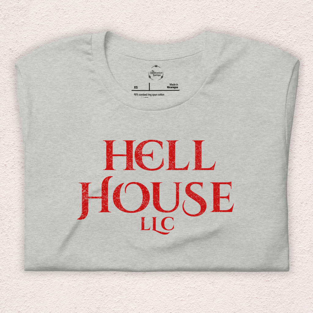 Hell House LLC Tee | Haunted Attraction Horror Shirt | Bella+Canvas Unisex Graphic Tee (Large Red Graphic 1)