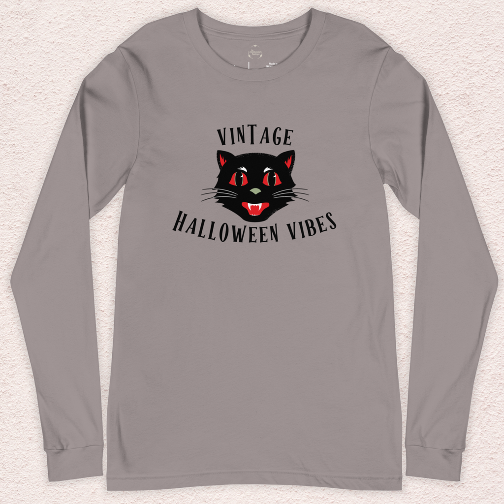 Vintage Halloween Vibes Long Sleeve Tee | Bella+Canvas Unisex Retro Cat Shirt