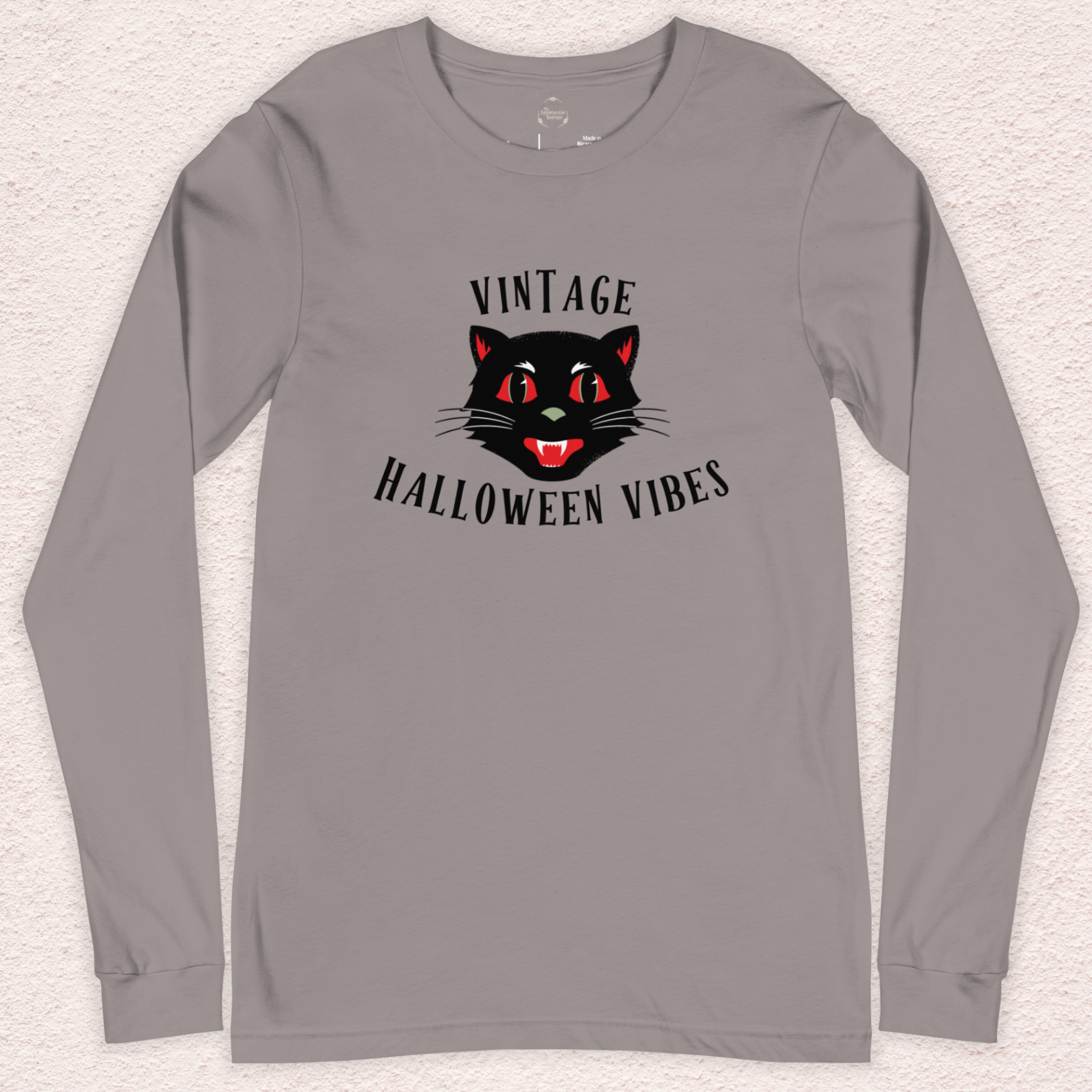 Vintage Halloween Vibes Long Sleeve Tee | Bella+Canvas Unisex Retro Cat Shirt