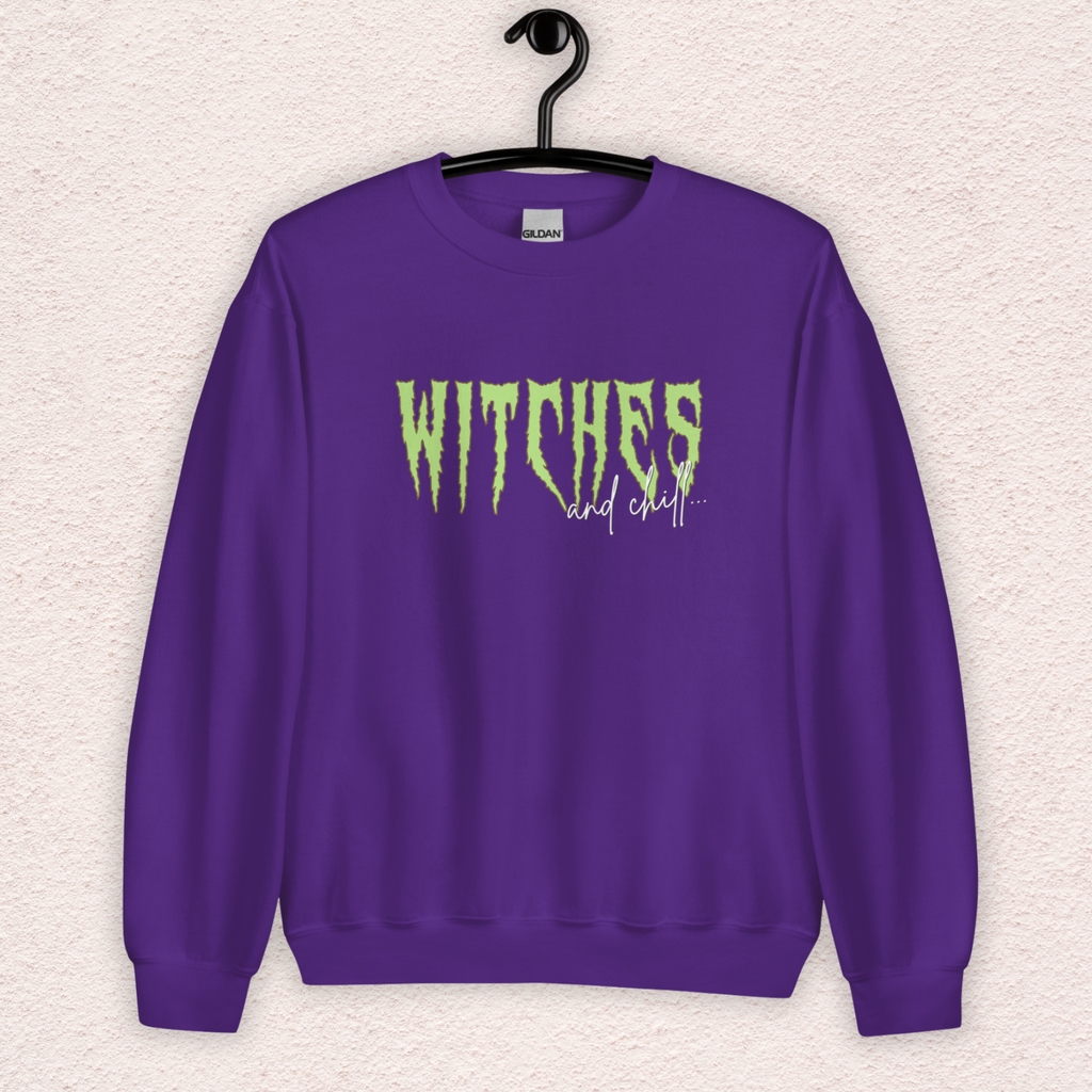 Witches & Chill Sweatshirt | Spooky Witch Aesthetic Crewneck | Gildan Heavy Blend Halloween Sweatshirt