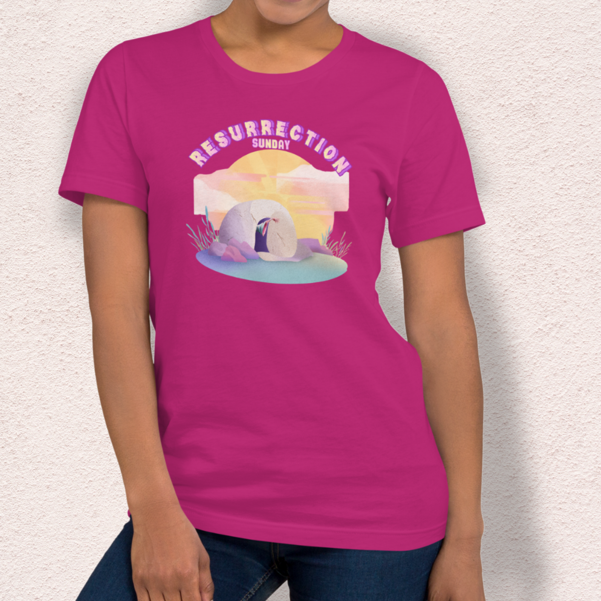Resurrection Sunday Zombie Hand Tee | Funny Christian Easter Shirt | Tomb & Rolling Stone Graphic | Spooky Faith Bella+Canvas Unisex T-Shirt