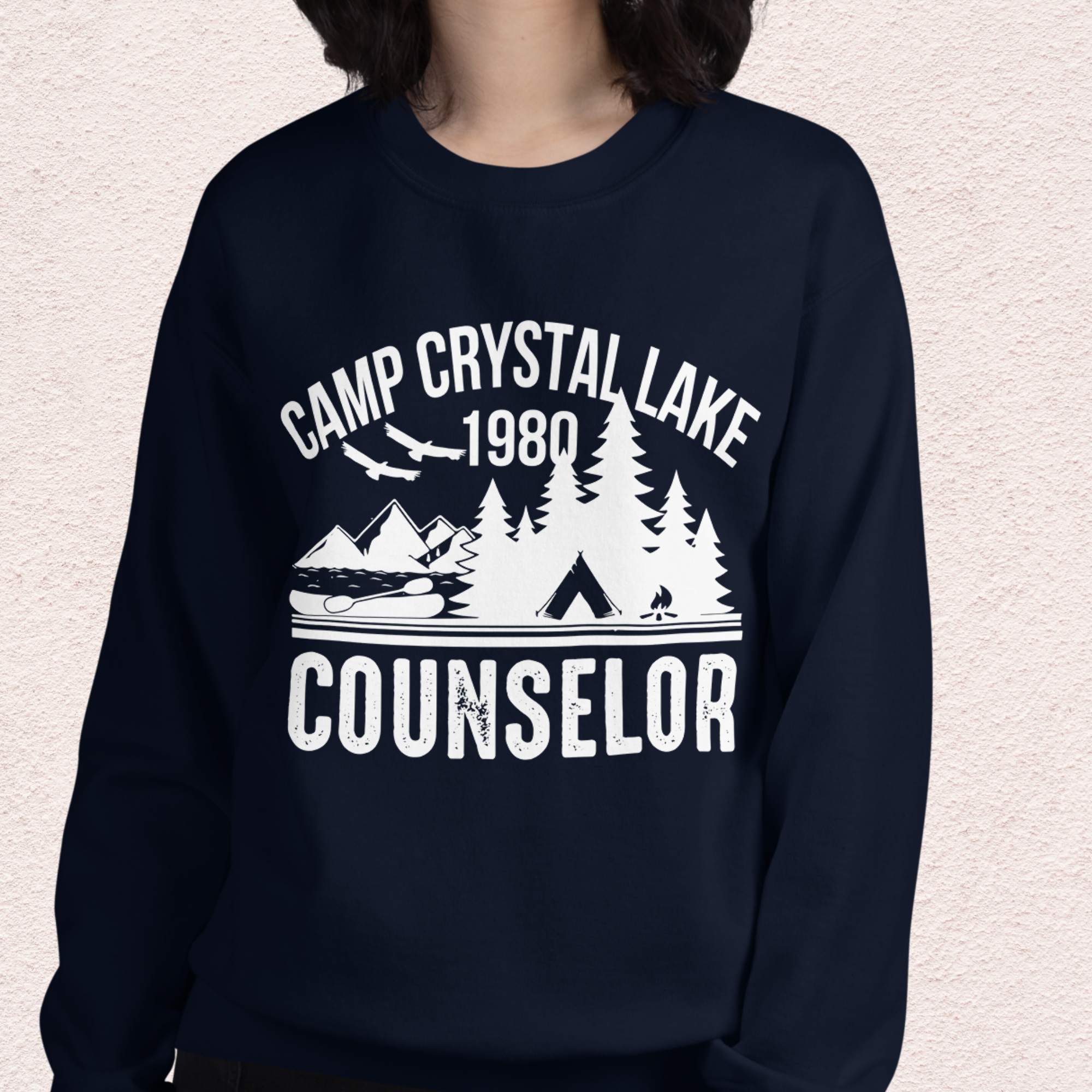 Camp Slasher Counselor Sweatshirt | Gildan Unisex Horror Crewneck (White Ink)