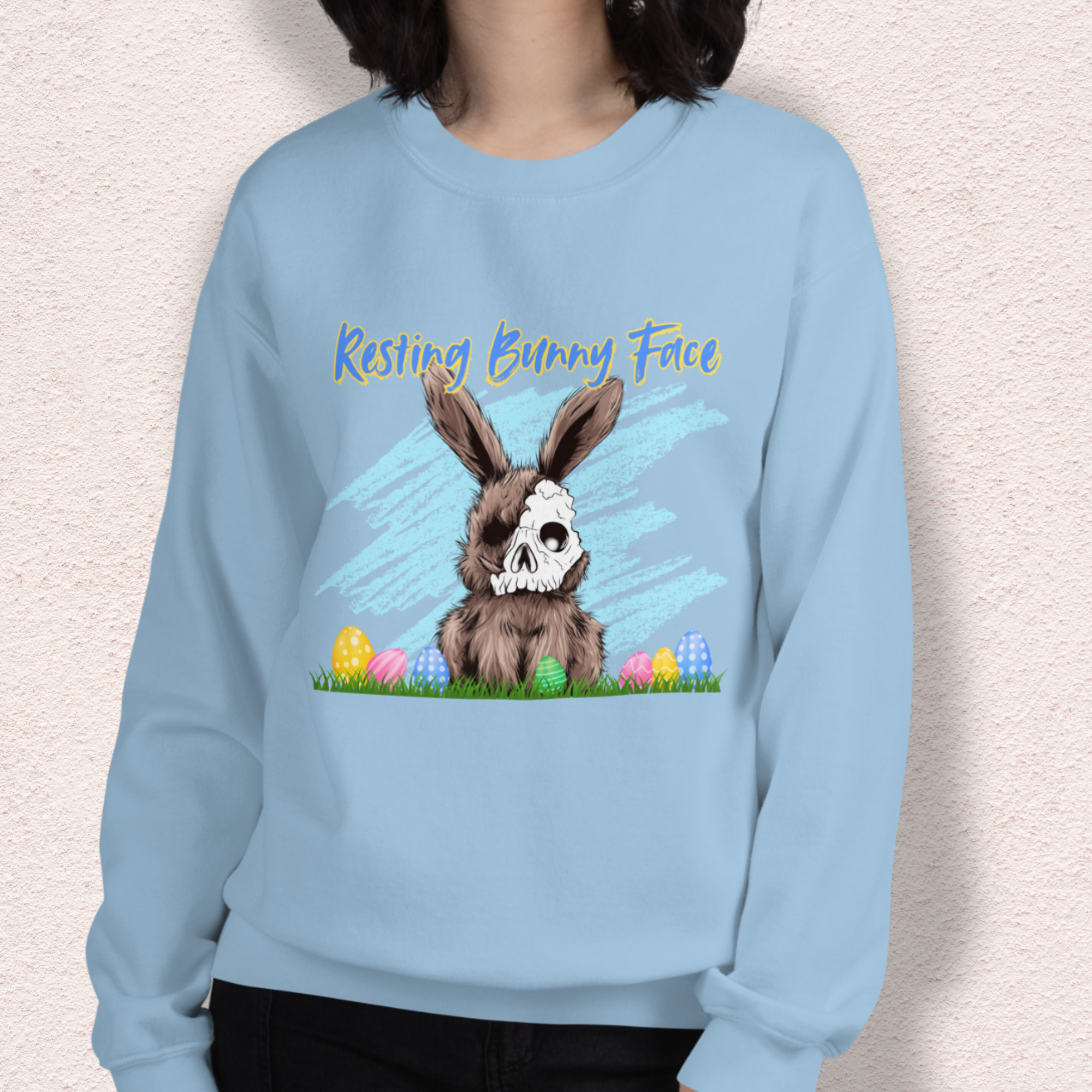 Resting Bunny Face Sweatshirt | Creepy Easter Bunny Skull Crewneck | Funny Spooky Easter Sweatshirt | Dark Humor Bunny Graphic