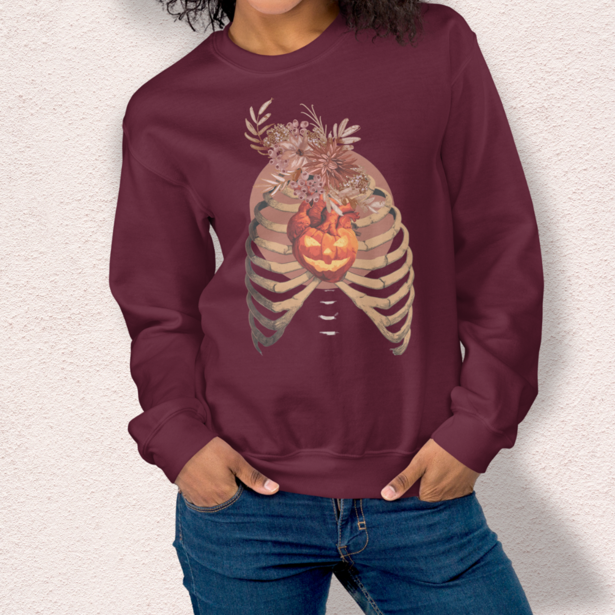 A Fall’s Heart Sweatshirt | Skeleton Pumpkin Autumn Graphic | Gildan Spooky Fall Crewneck