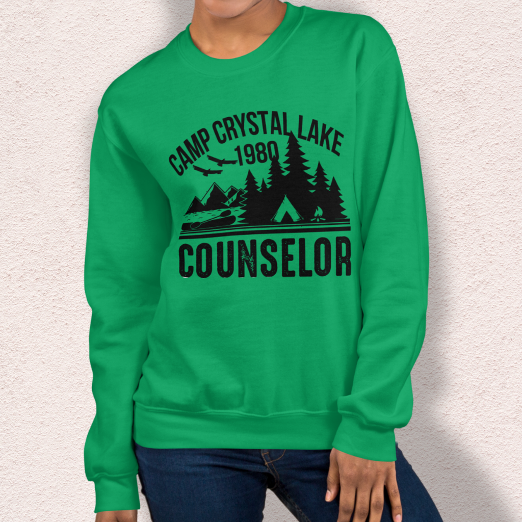 Camp Slasher Counselor Sweatshirt | Gildan Unisex Horror Crewneck (Black Ink)