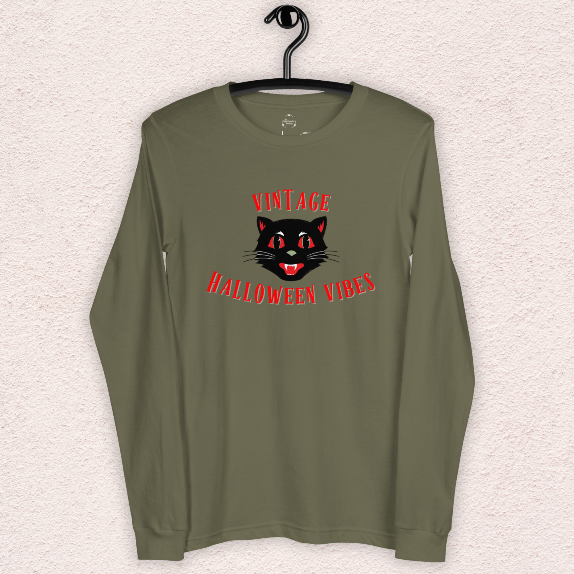 Vintage Halloween Vibes Long Sleeve Tee | Bella+Canvas Unisex Retro Halloween Cat Shirt | Colorful. Graphic