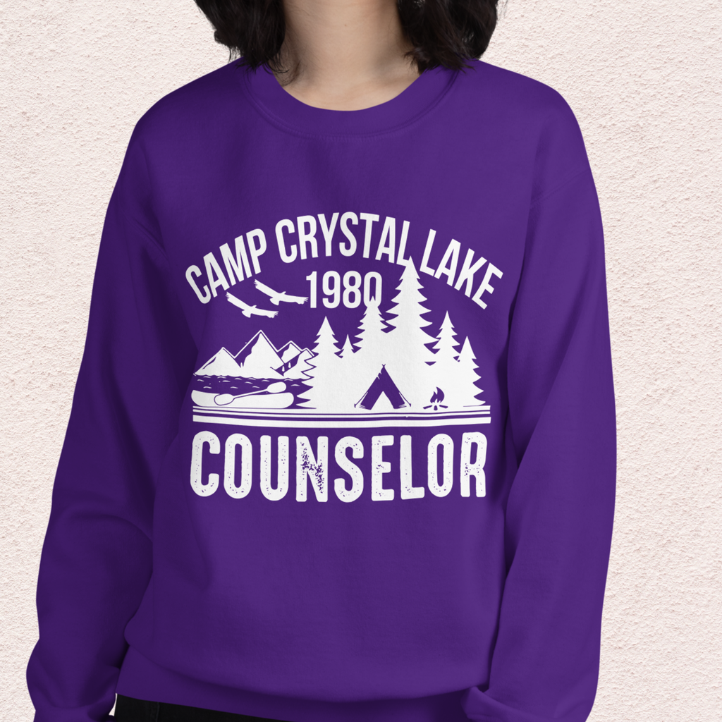 Camp Slasher Counselor Sweatshirt | Gildan Unisex Horror Crewneck (White Ink)