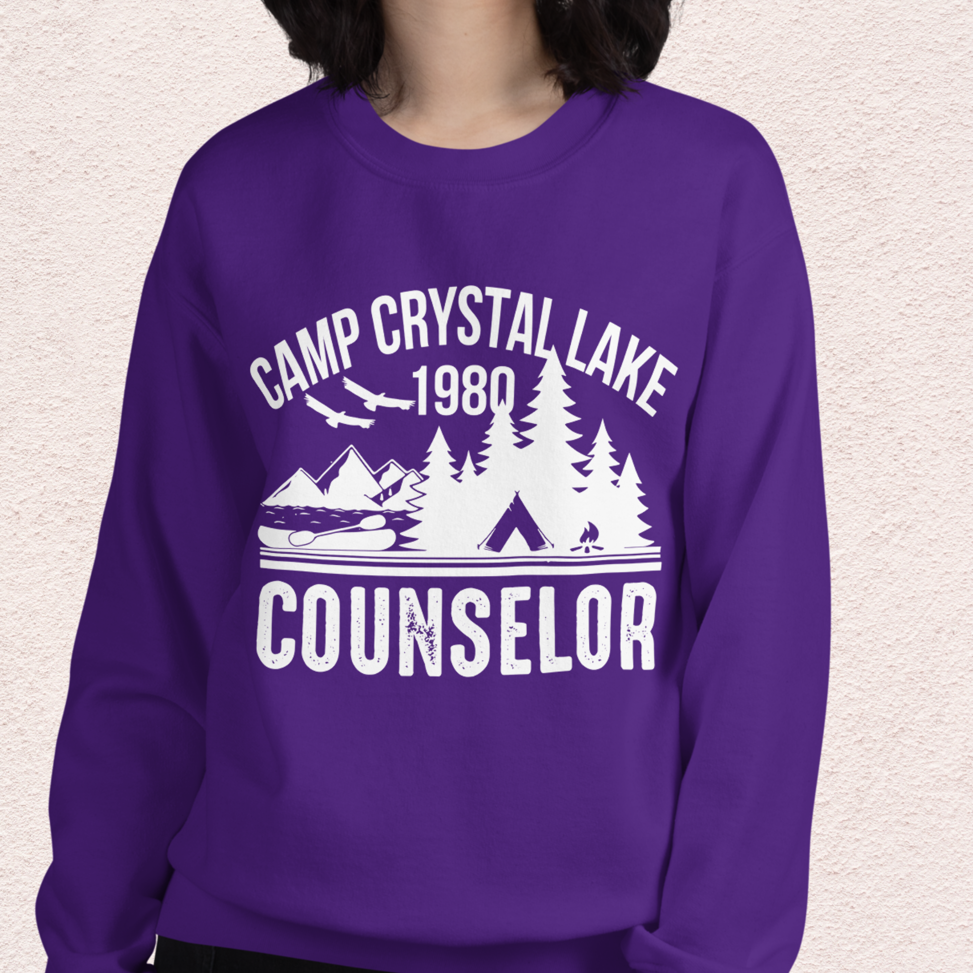 Camp Slasher Counselor Sweatshirt | Gildan Unisex Horror Crewneck (White Ink)