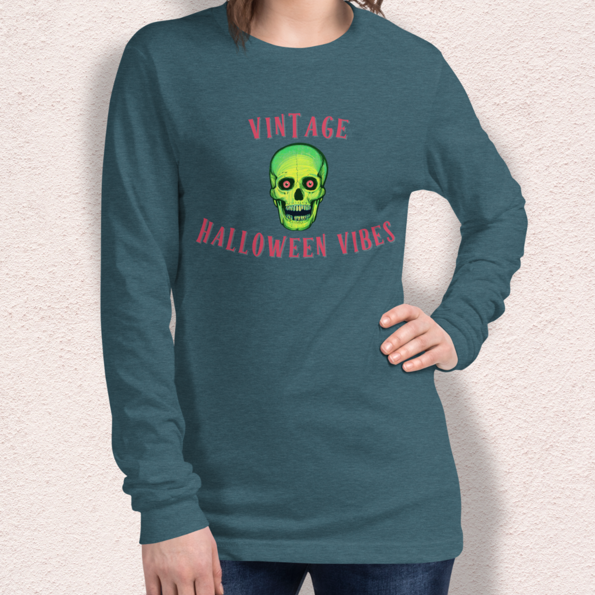 Vintage Halloween Vibes Long Sleeve Tee | Bella+Canvas Unisex Retro Green Skull Shirt | Colorful Graphic