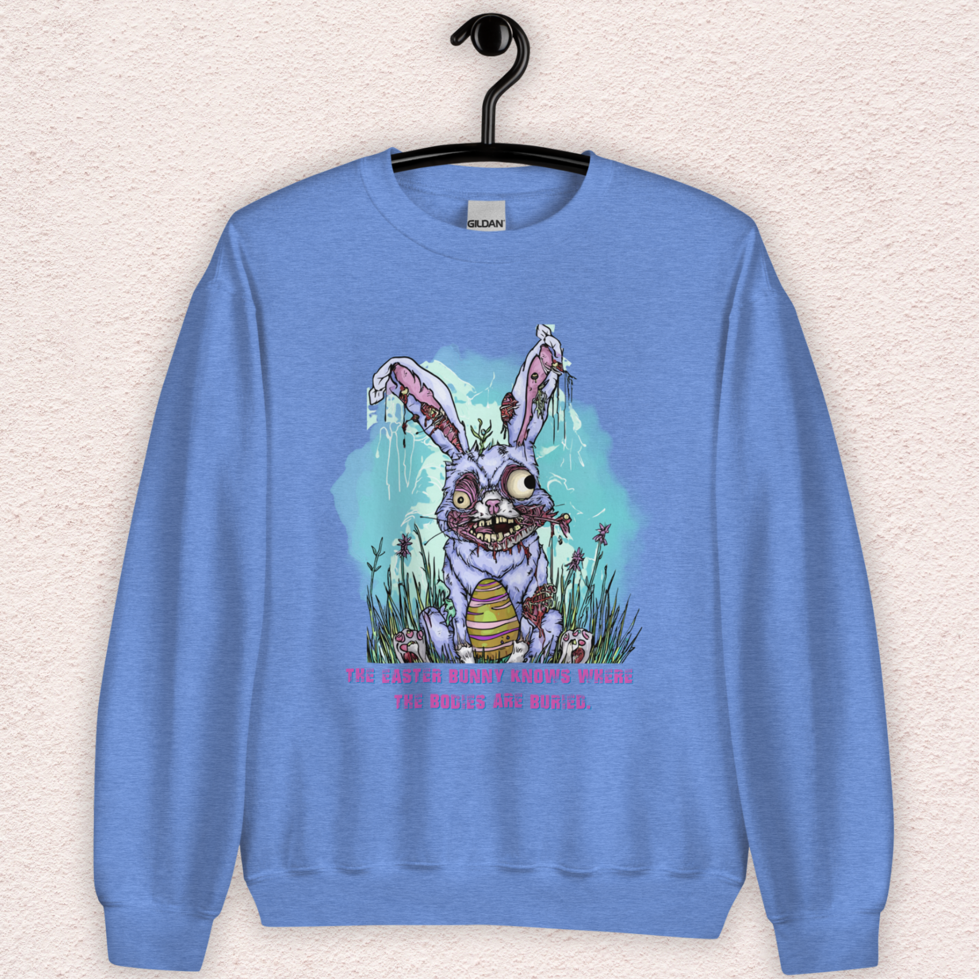 The Easter Bunny Knows Where the Bodies Are Buried Sweatshirt | Zombie Easter Bunny Horror Sweatshirt | Funny Dark Humor Easter | Gildan Crewneck