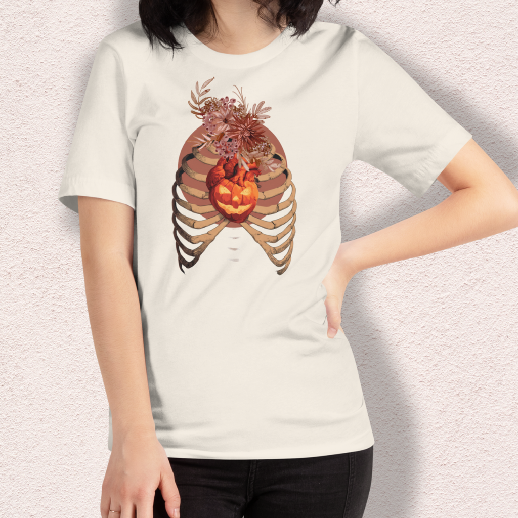 A Fall’s Heart Tee | Skeleton Pumpkin Halloween Shirt | Bella+Canvas Spooky Autumn Graphic Tee