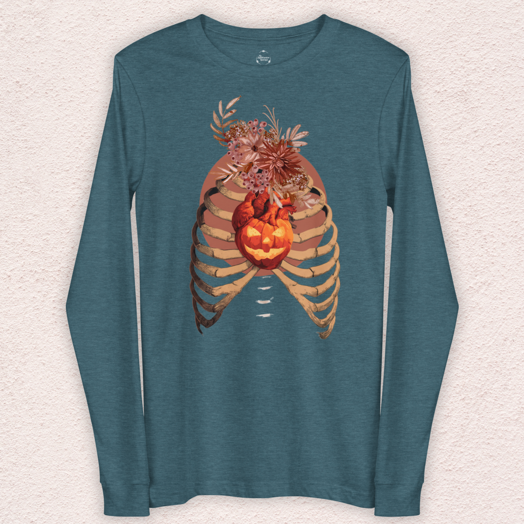 A Fall’s Heart Tee | Skeleton Pumpkin Halloween Shirt | Bella+Canvas Spooky Autumn Graphic Long Sleeve Tee