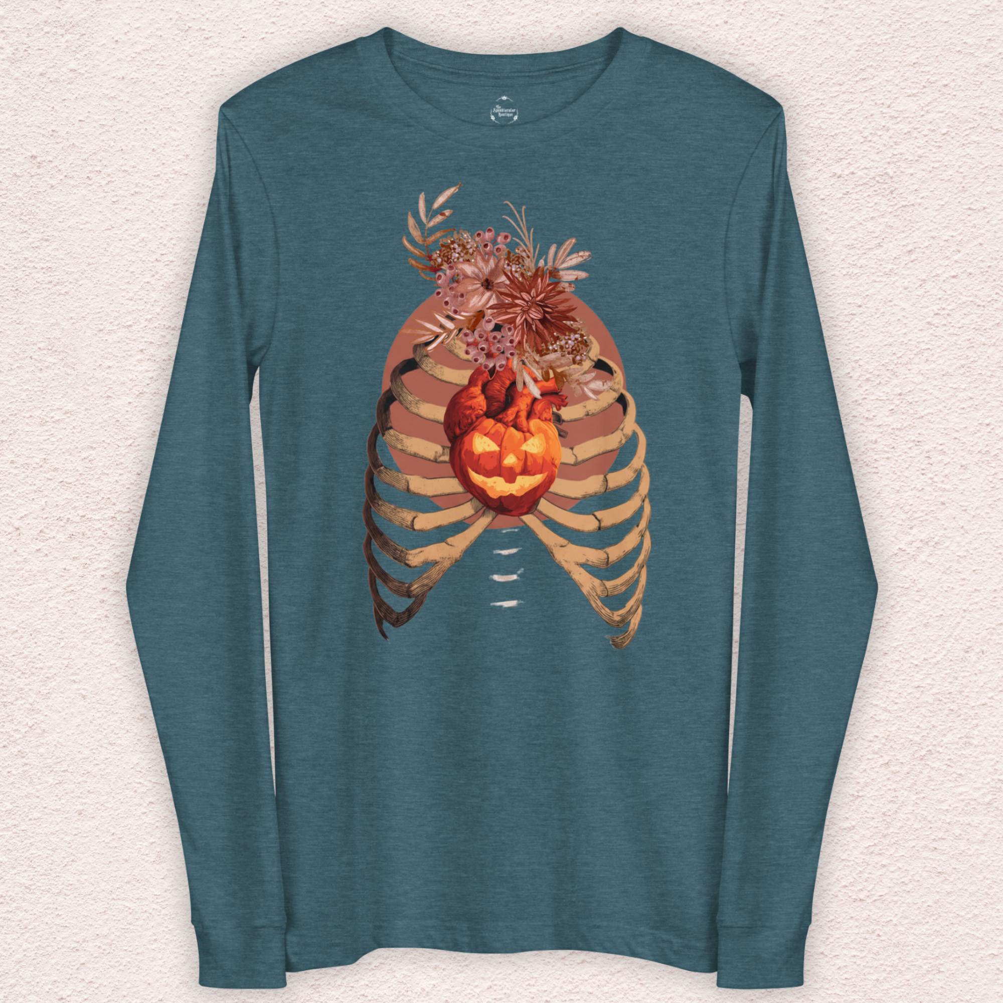 A Fall’s Heart Tee | Skeleton Pumpkin Halloween Shirt | Bella+Canvas Spooky Autumn Graphic Long Sleeve Tee