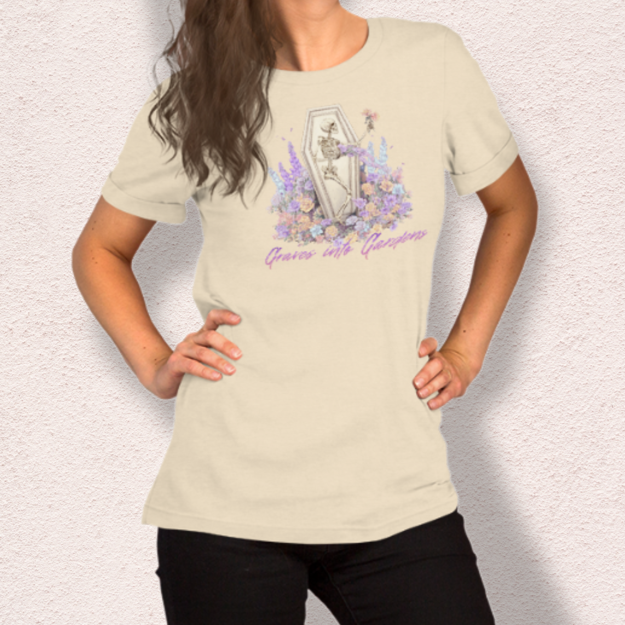 Graves Into Gardens Skeleton Easter Tee | Gothic Faith Spring Shirt | Pastel Floral Resurrection Graphic | Spooky Christian Bella Canvas T-Shirt