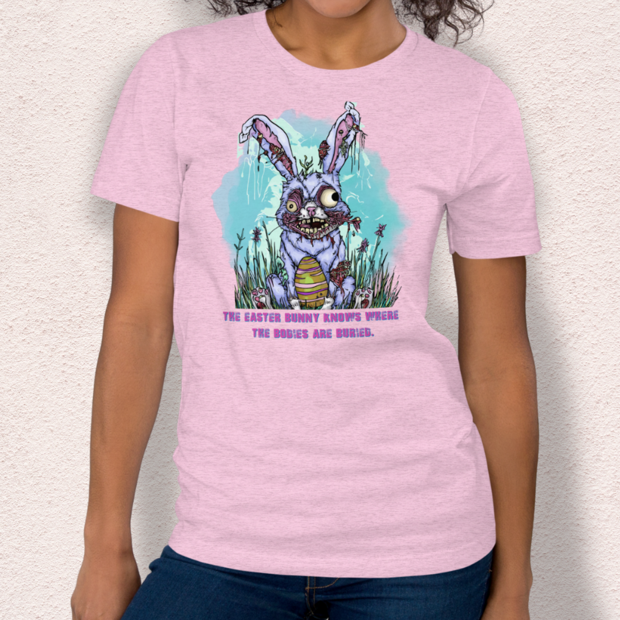 The Easter Bunny Knows Where the Bodies Are Buried T-Shirt | Zombie Easter Bunny Horror Tee | Funny Dark Humor Easter Shirt | Bella+Canvas Unisex