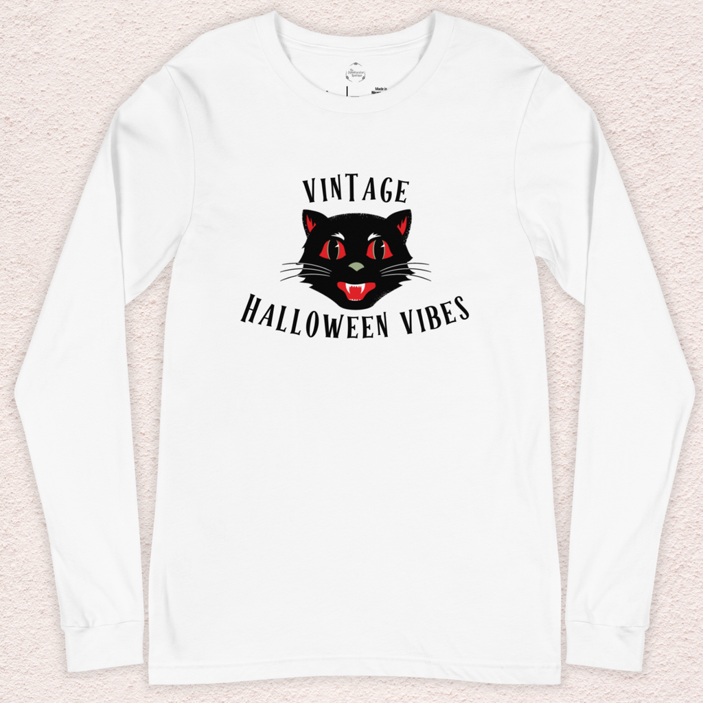 Vintage Halloween Vibes Long Sleeve Tee | Bella+Canvas Unisex Retro Cat Shirt