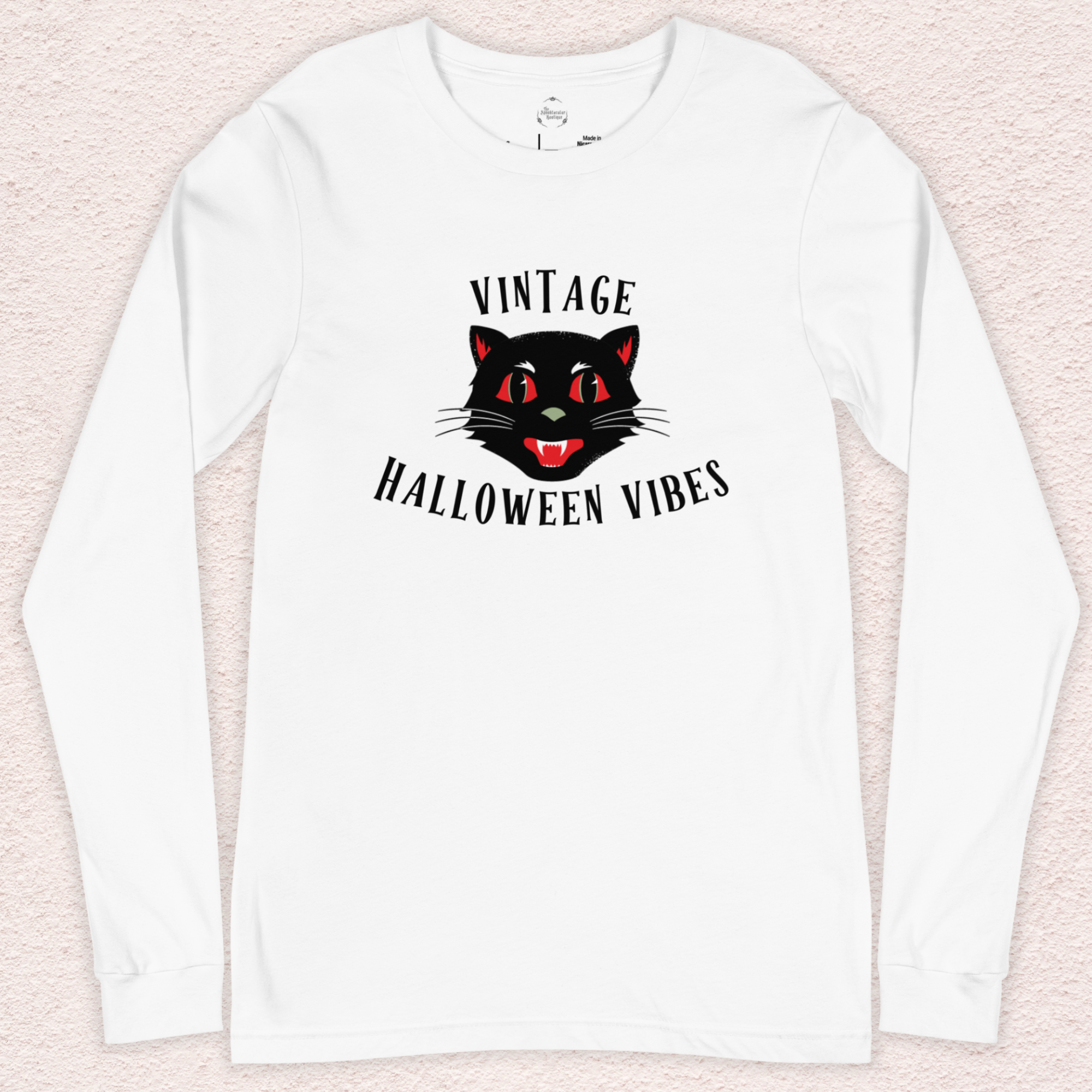 Vintage Halloween Vibes Long Sleeve Tee | Bella+Canvas Unisex Retro Cat Shirt