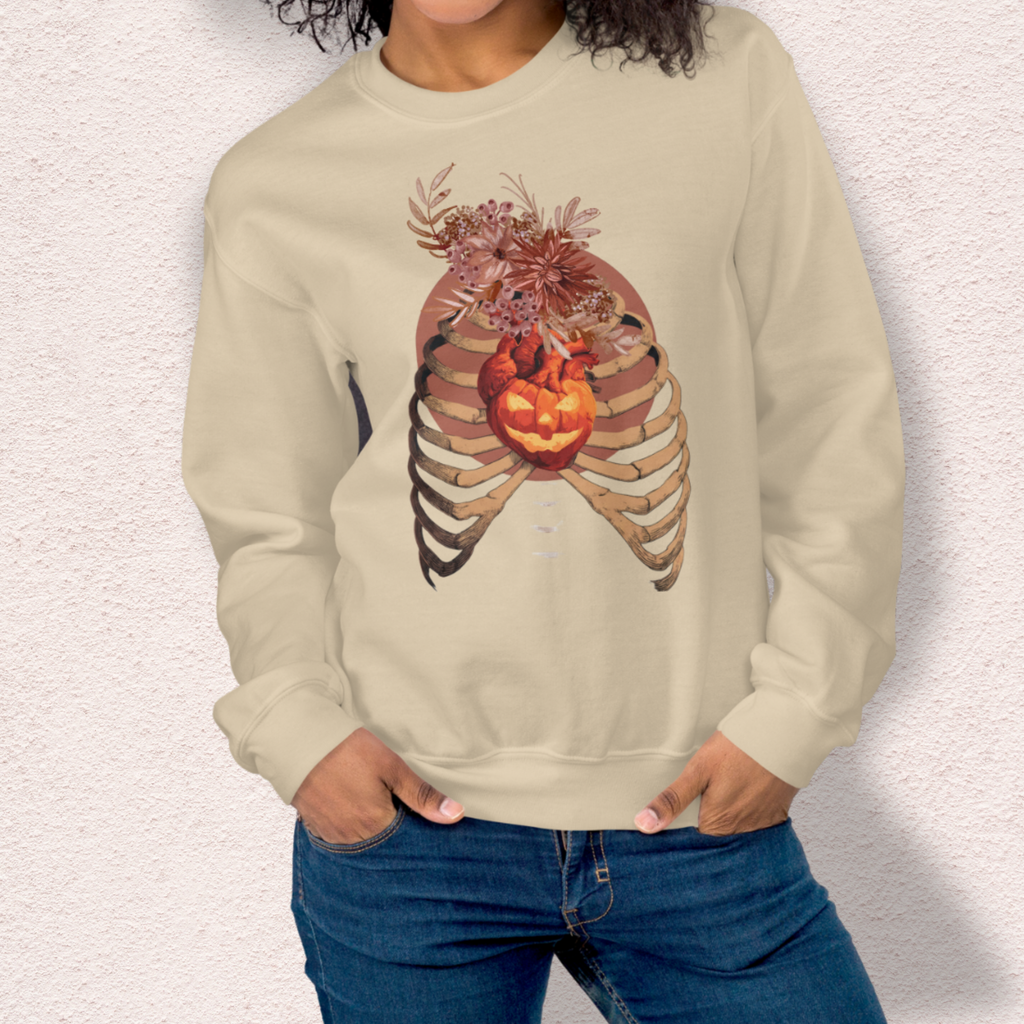 A Fall’s Heart Sweatshirt | Skeleton Pumpkin Autumn Graphic | Gildan Spooky Fall Crewneck