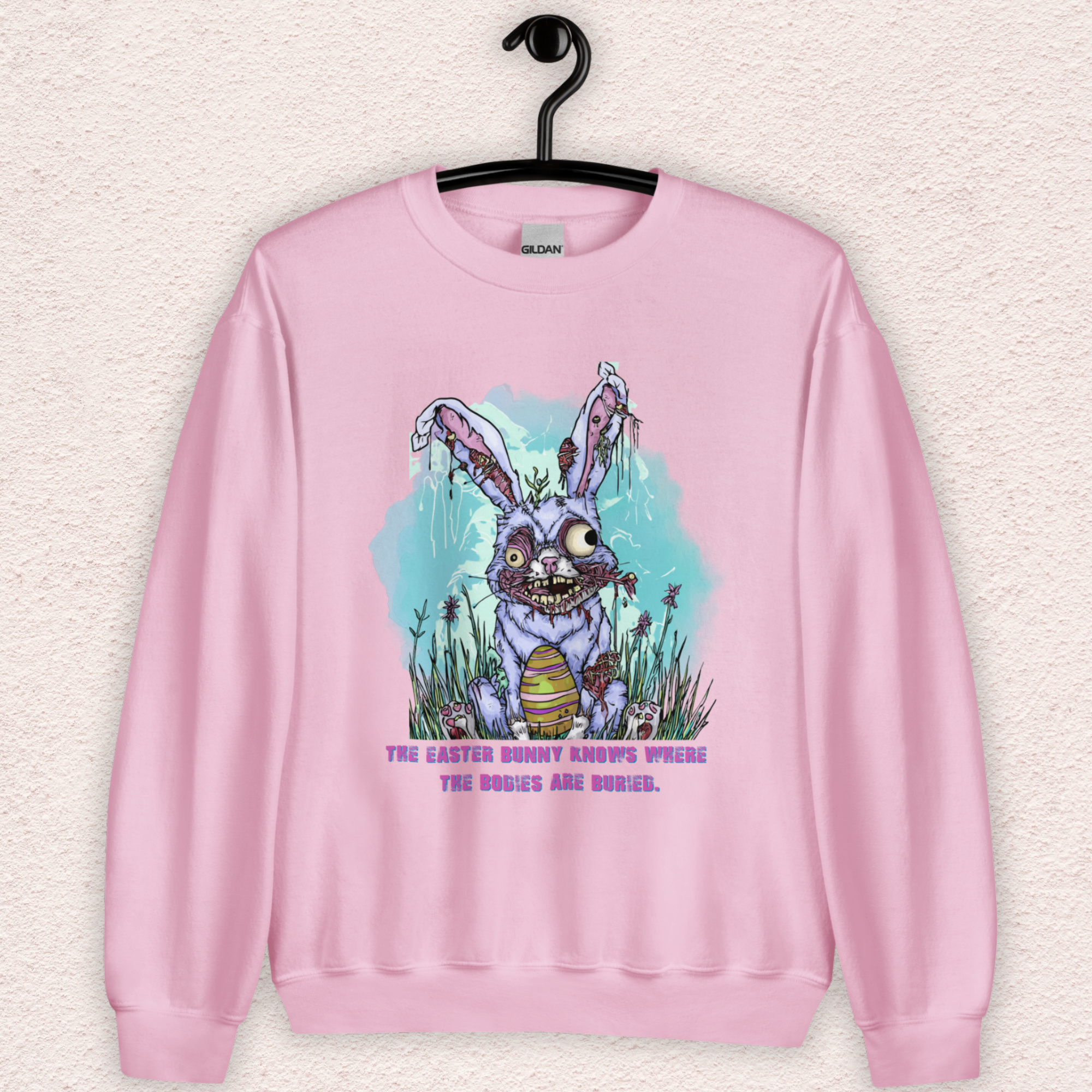 The Easter Bunny Knows Where the Bodies Are Buried Sweatshirt | Zombie Easter Bunny Horror Sweatshirt | Funny Dark Humor Easter | Gildan Crewneck