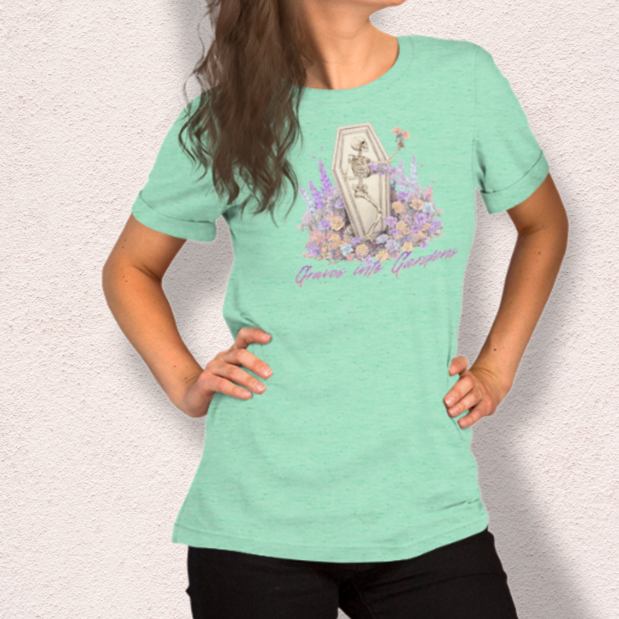 Graves Into Gardens Skeleton Easter Tee | Gothic Faith Spring Shirt | Pastel Floral Resurrection Graphic | Spooky Christian Bella Canvas T-Shirt