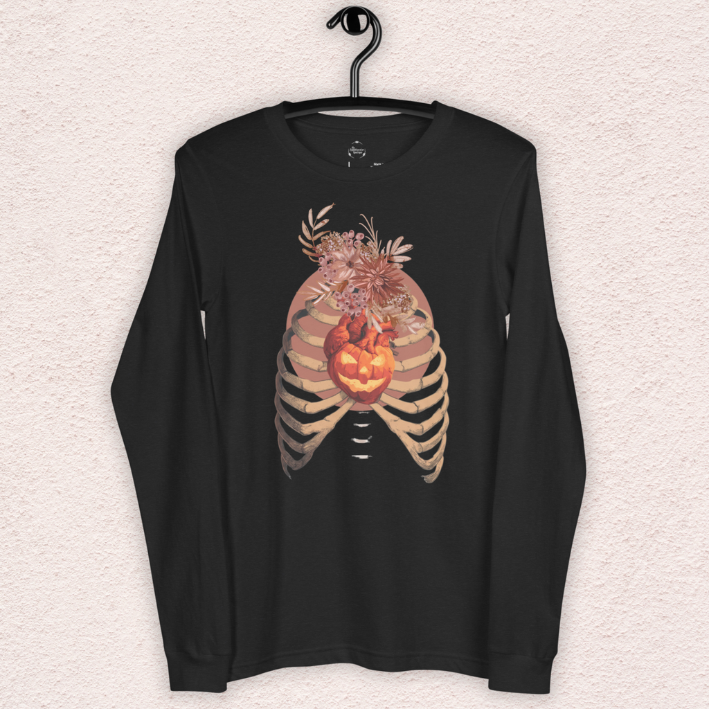 A Fall’s Heart Tee | Skeleton Pumpkin Halloween Shirt | Bella+Canvas Spooky Autumn Graphic Long Sleeve Tee